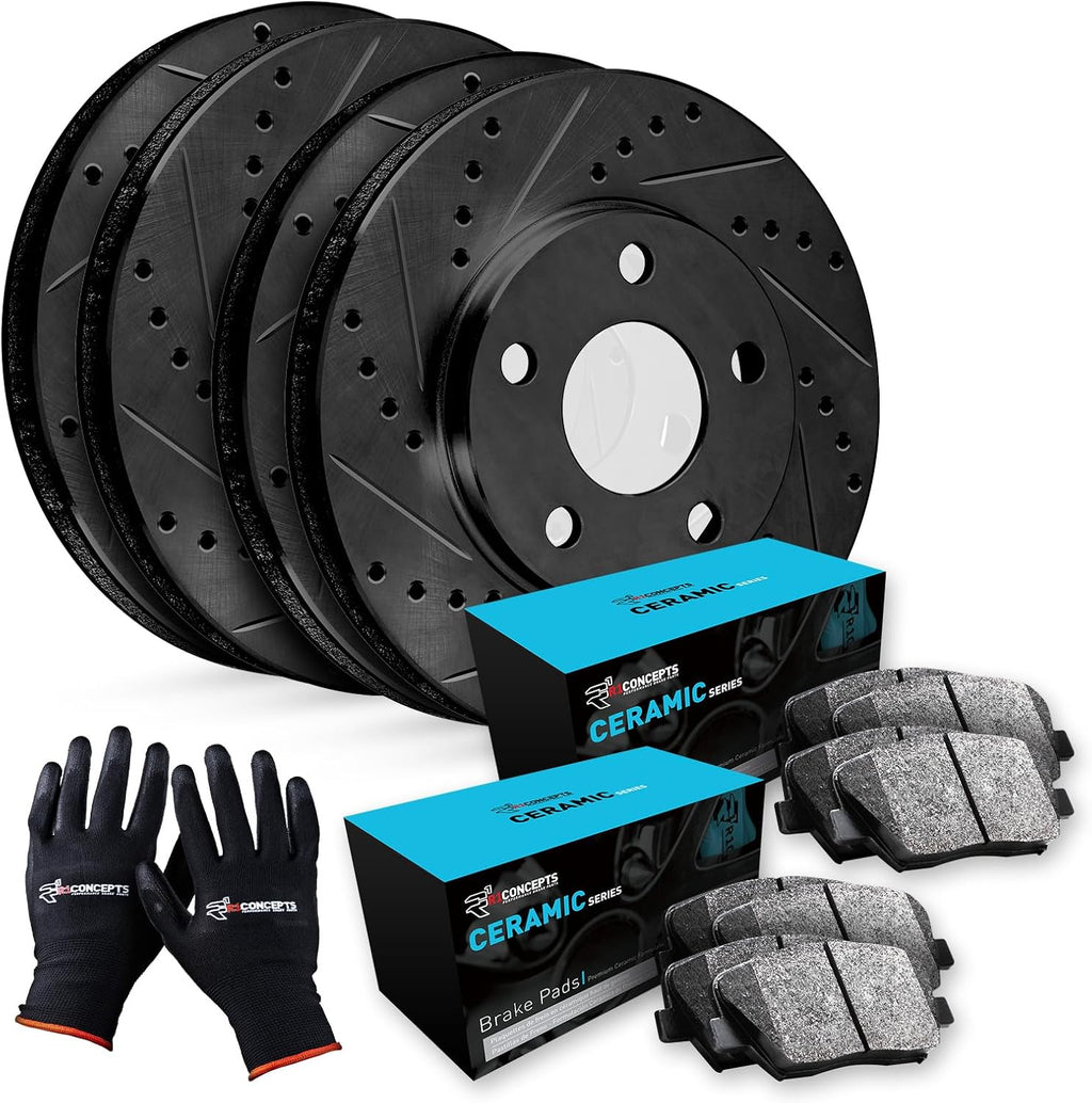 R1 Concepts Front and Rear Brake Kit Fits 2016-2019 Hyundai Sonata; 2016-2020 Kia Optima| Ceramic Brake Pads and Drilled Slotted Brake Rotors| 12.0' Front & 11.1' Rear