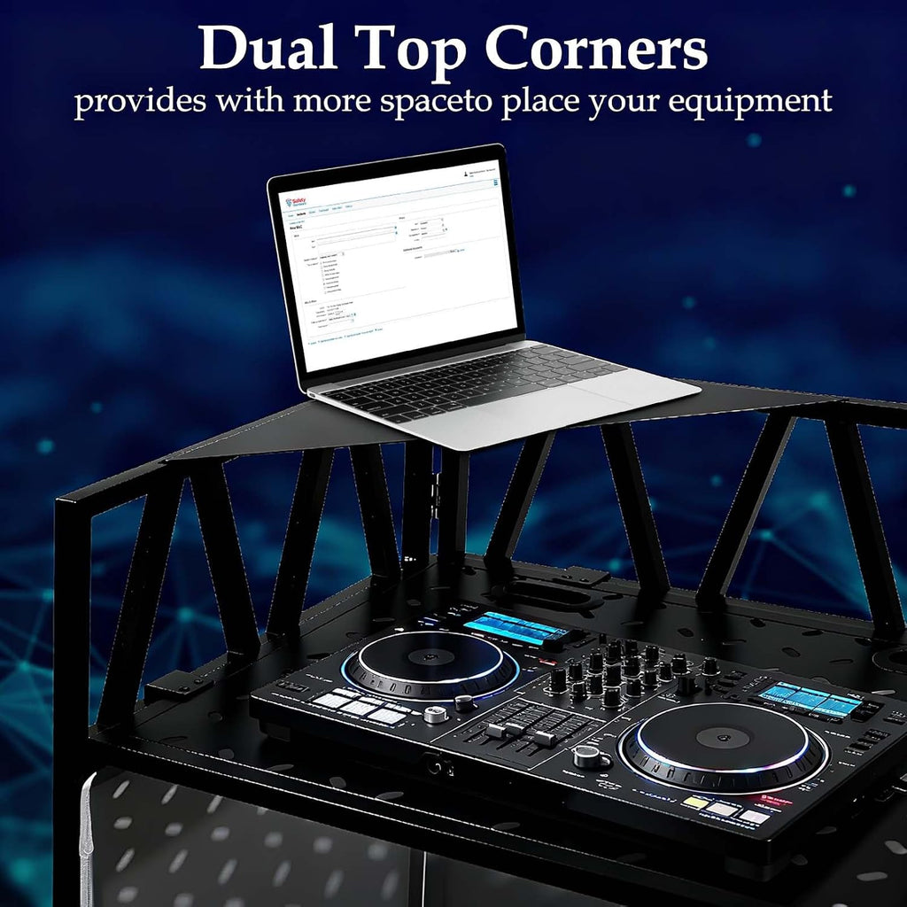 Portable DJ Booth Facade Stand, Foldable DJ Table 40' x 20' x 45' Tabletop, DJ Facade Station for DJ Controller, Mixer & LaptopEvents&Parties – Includes Carry Bag&Two Metal Corner Tables.