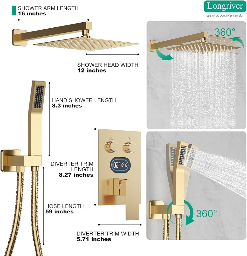 Push Button Diverter Shower Faucet Set Hydro Power Temperature Display, Shower System 12 Inch Shower Head with Handheld Spray, Wall Mounted Shower Fixtures with Valve and Trim Kit, Brushed Gold