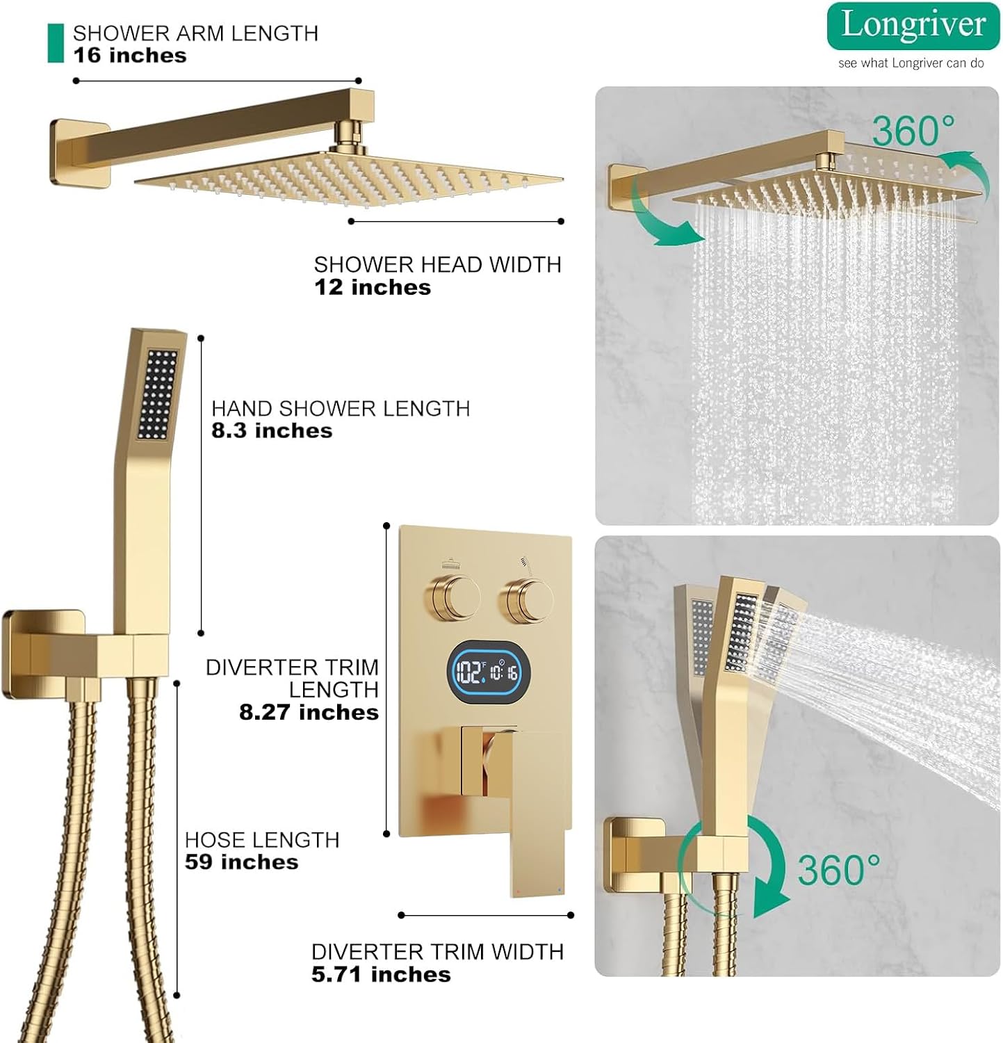 Push Button Diverter Shower Faucet Set Hydro Power Temperature Display, Shower System 12 Inch Shower Head with Handheld Spray, Wall Mounted Shower Fixtures with Valve and Trim Kit, Brushed Gold