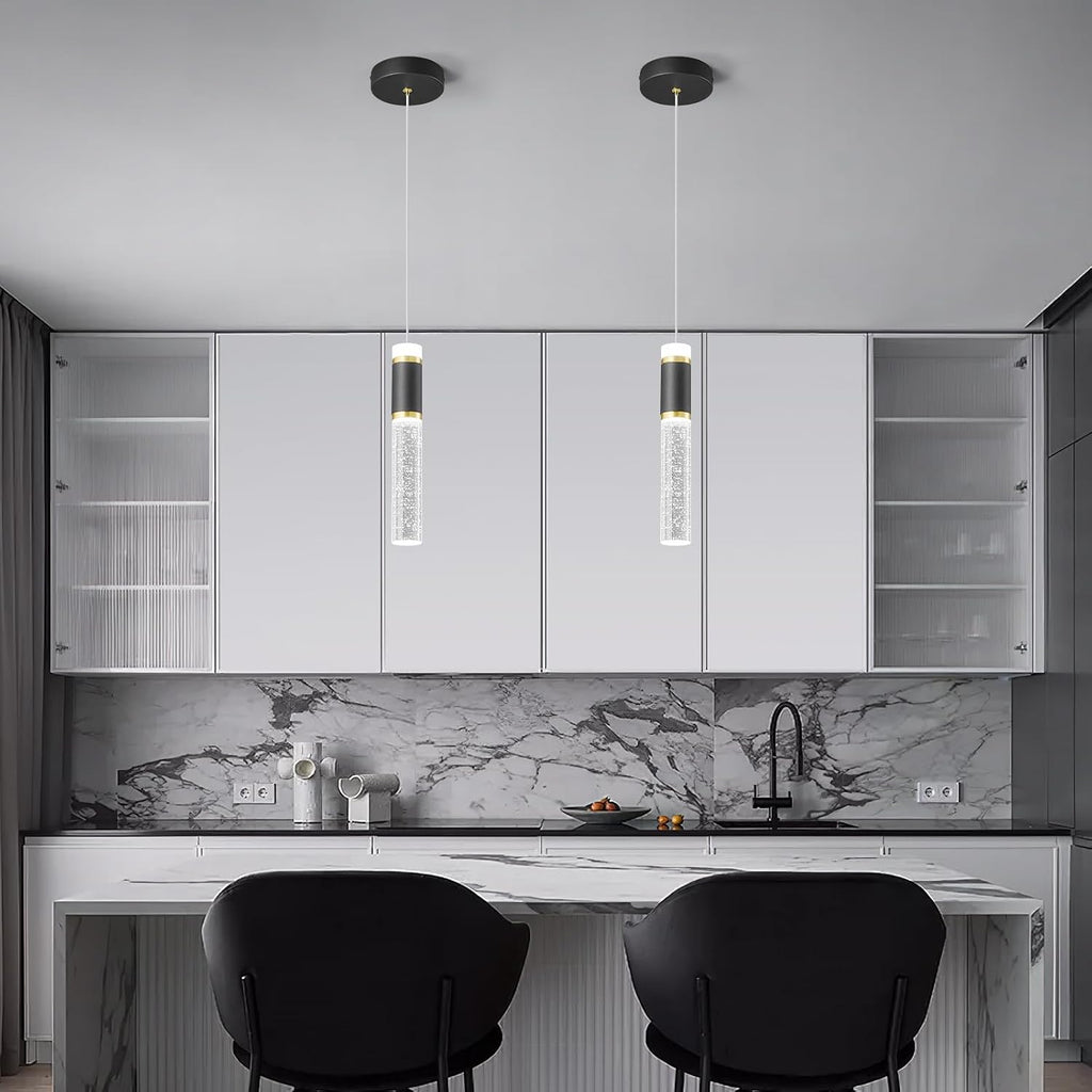 Pendant Ceiling Light Fixture for Kitchen Island, Black Gold Pendant Light Integrated Dimmable LED Hanging Light with Bubble Crystal Pendant Light Modern Pendant Lights Kitchen Island (3-Pack)