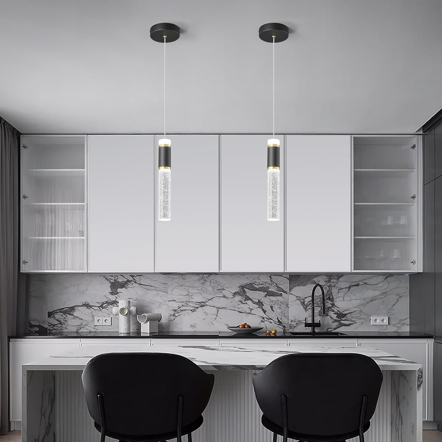 Pendant Ceiling Light Fixture for Kitchen Island, Black Gold Pendant Light Integrated Dimmable LED Hanging Light with Bubble Crystal Pendant Light Modern Pendant Lights Kitchen Island (3-Pack)