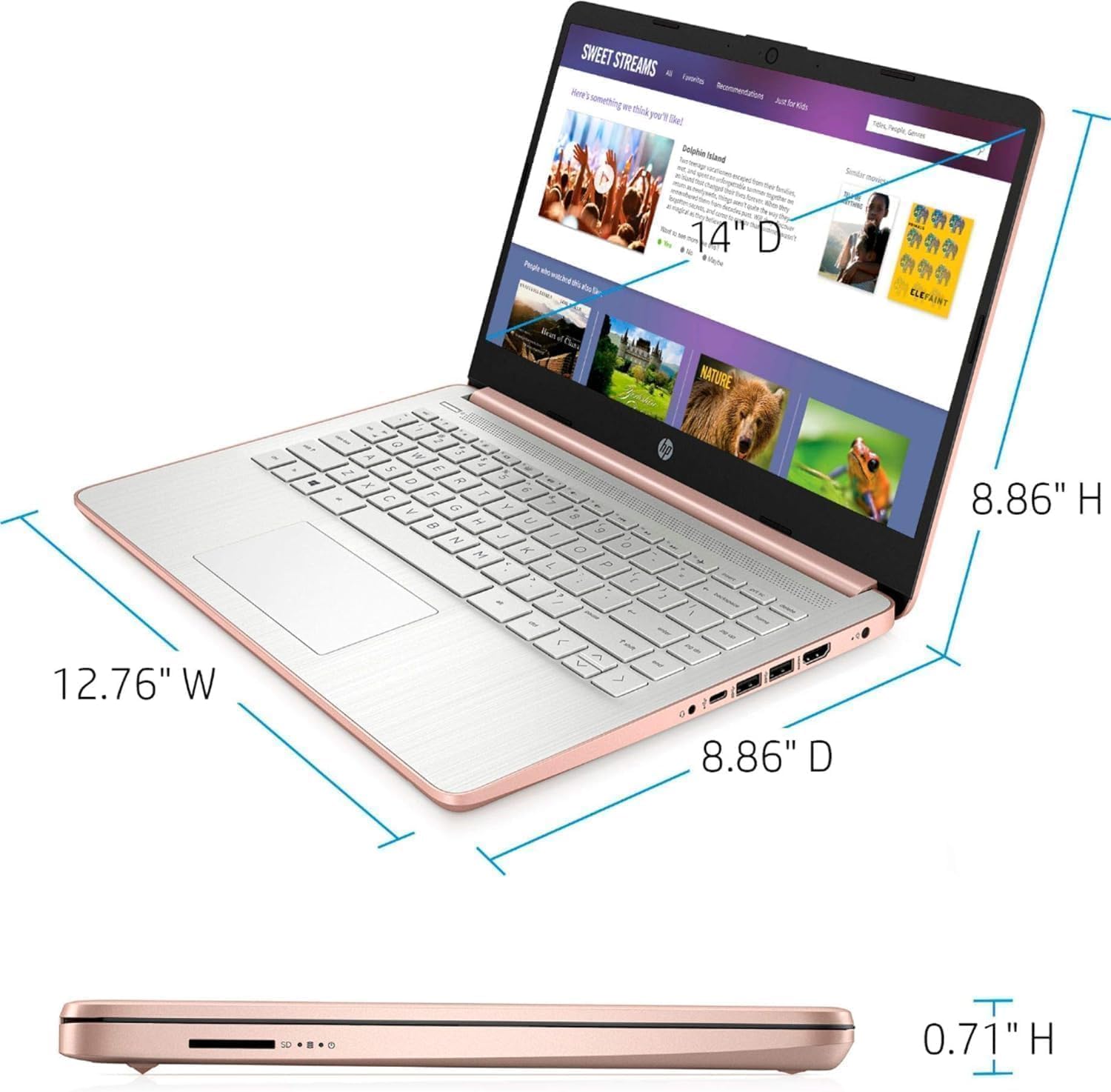 HP 14 inch Touchscreen Laptop - Intel Celeron Dual Core Processor - 8GB RAM, 64GB Storage - Windows 10 - Pale Rose Gold - Fast Charging - 10 Hour Battery - USB Type C - 5Gbs USB