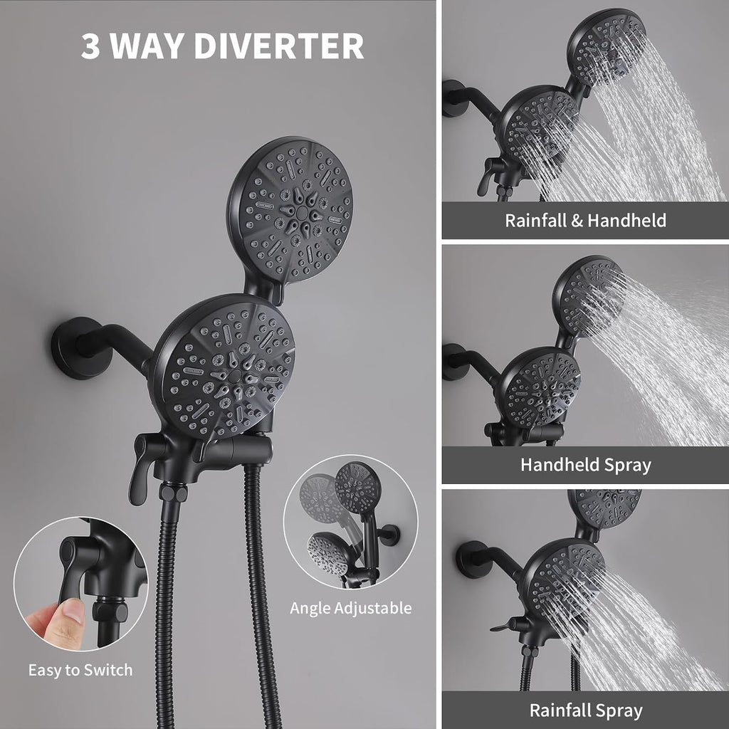 Dual Shower Head with Handheld Bathroom Double Shower Heads High Pressure 3-Way Rainfall Combo with SUS304 Hose 7-Setting Showerhead and Hand Held Shower Separately or Together Matte Black