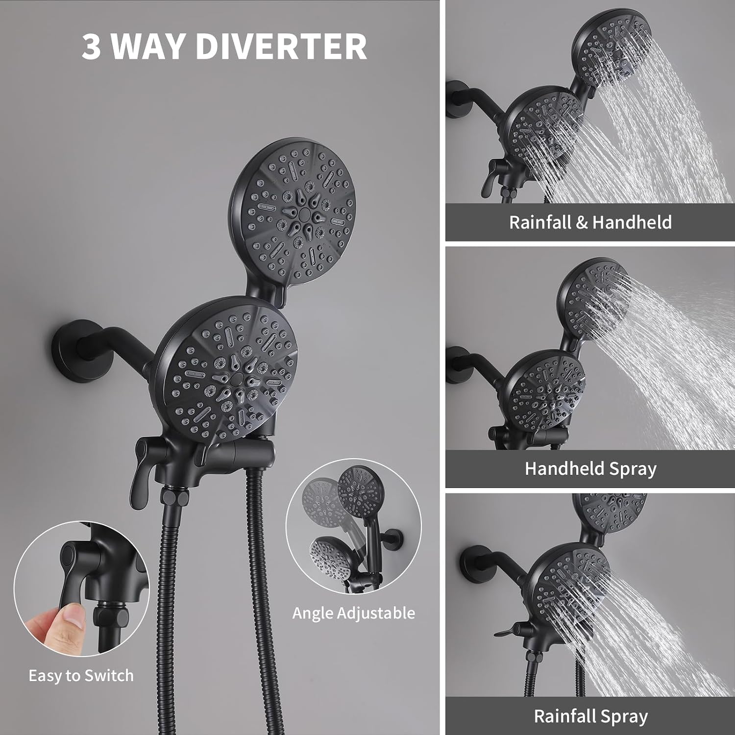Dual Shower Head with Handheld Bathroom Double Shower Heads High Pressure 3-Way Rainfall Combo with SUS304 Hose 7-Setting Showerhead and Hand Held Shower Separately or Together Matte Black