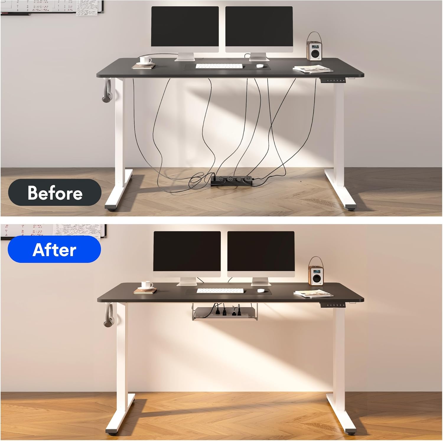FLEXISPOT EN2 Whole-Piece Standing Desk with Clamp Power Strip, 48 x 24'' Electric Stand Up Height Adjustable Desk with Cable Management (Gray Frame + 48' Black Desktop, 2 Packages)