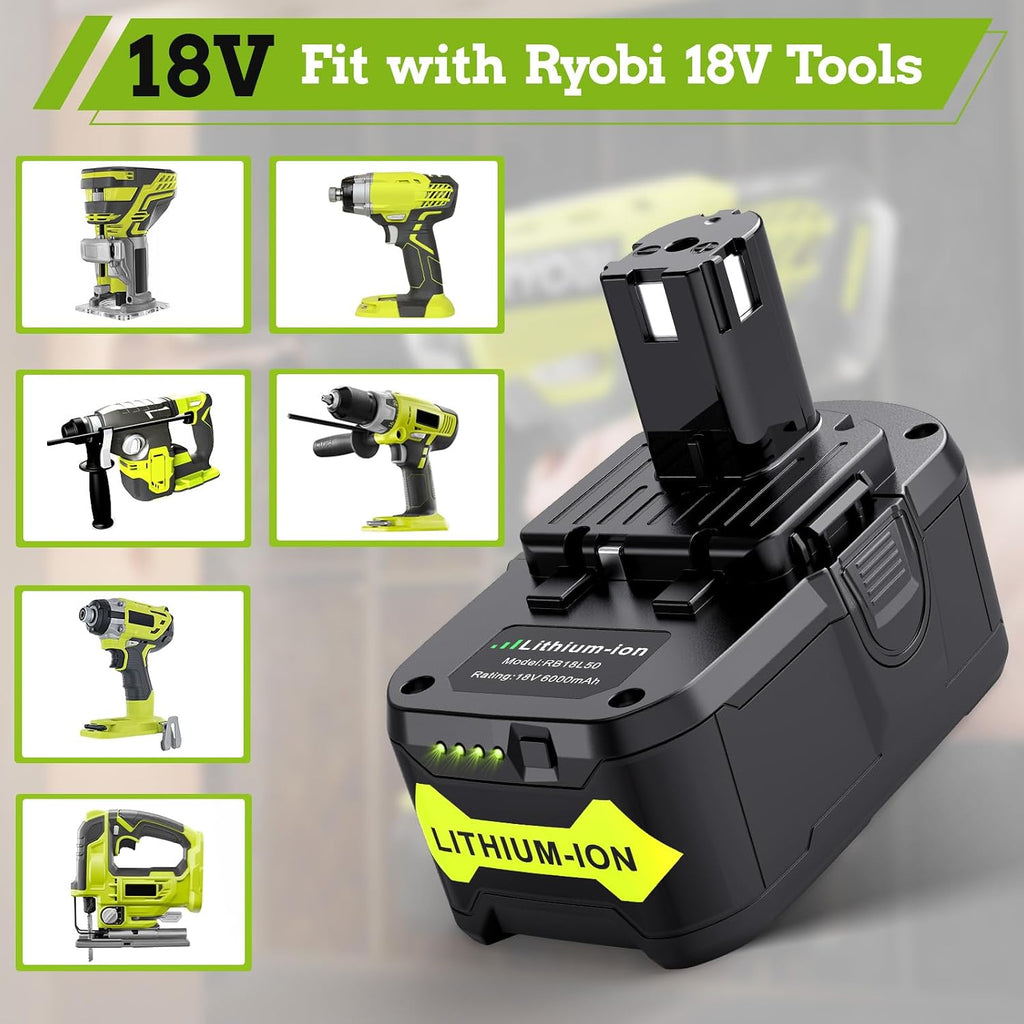 6 Pack 6.0Ah 18V Lithium Battery Compatible for Ryobi RB18L50 P108 P102 P104 High Capacity Cordless Tool Batteries with LED Indicato