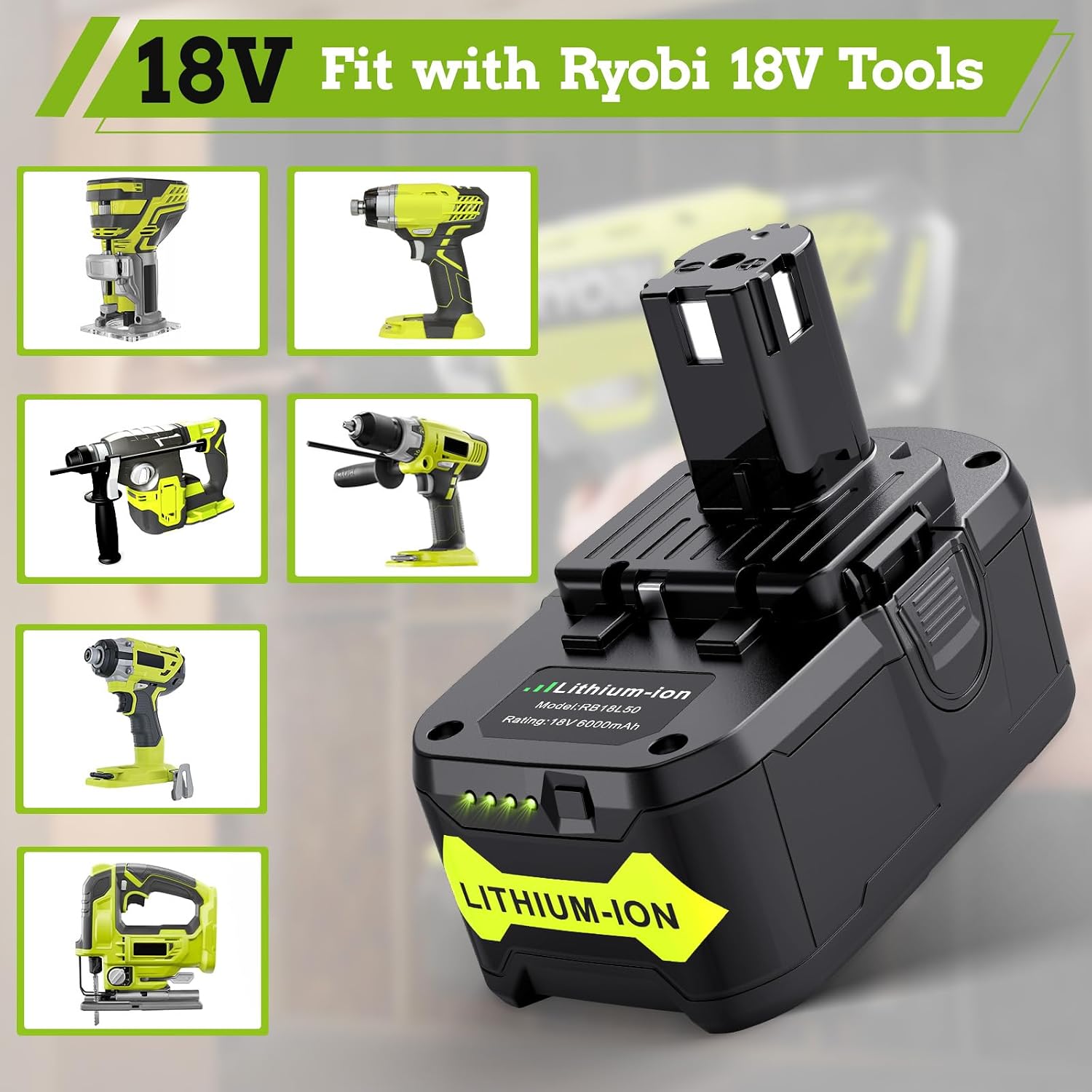 6 Pack 6.0Ah 18V Lithium Battery Compatible for Ryobi RB18L50 P108 P102 P104 High Capacity Cordless Tool Batteries with LED Indicato