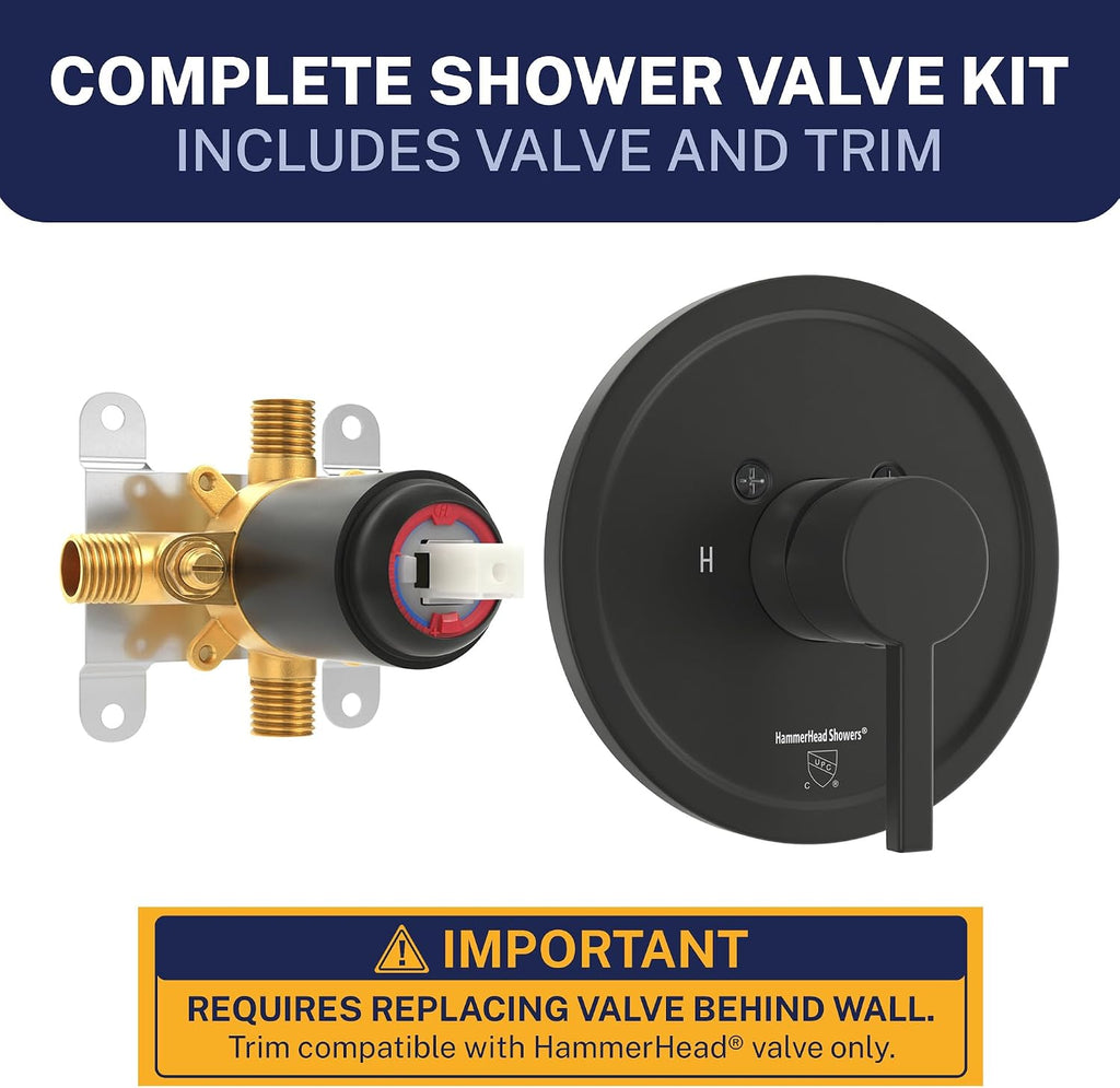 HammerHead Showers Solid Metal Single-Handle Trim Kit with Rough-In Shower Valve, Volume and Temperature Control, Pressure Balance, Matte Black