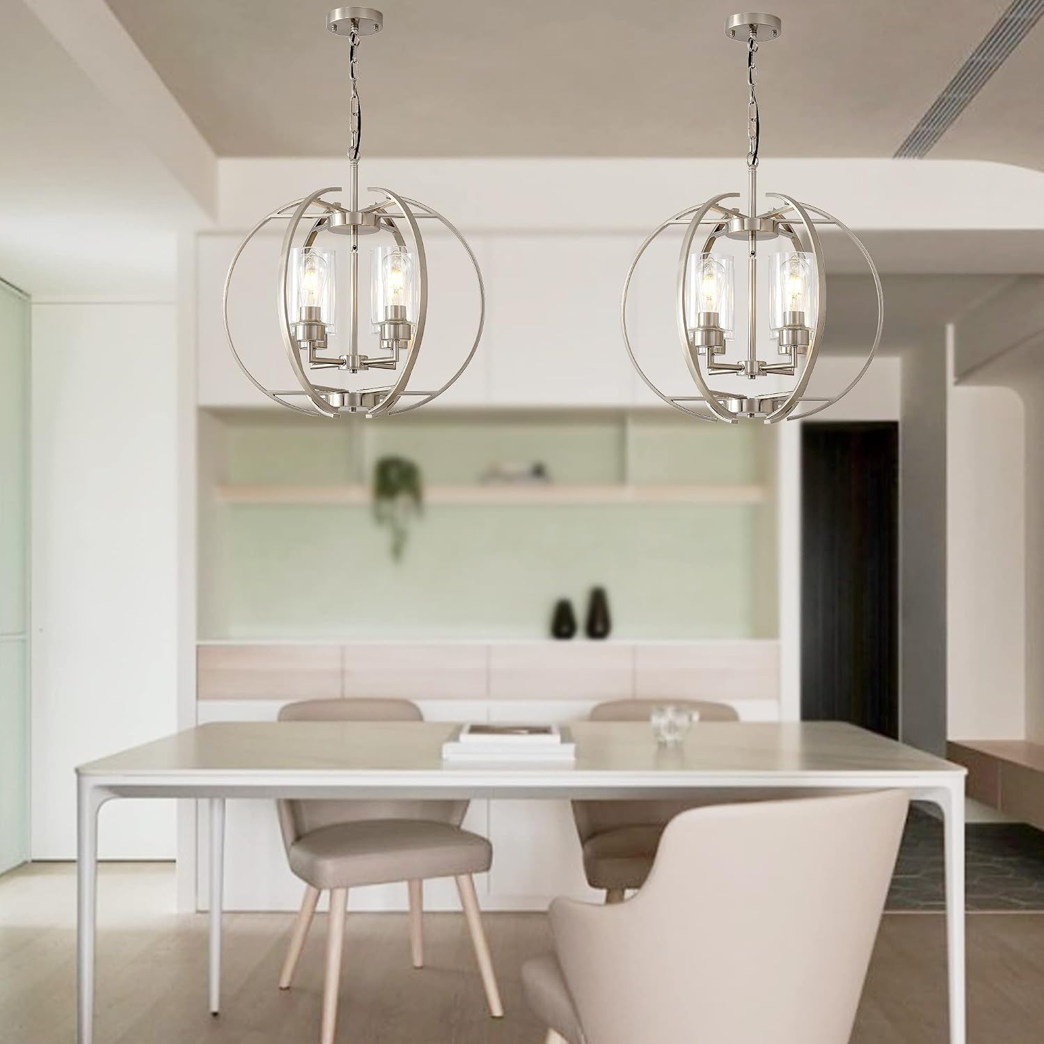 Large Lantern Globe Brushed Nickel Chandelier Lighting, Adjustable Hanging Ceiling Pendant 4 Light for Kitchen, Dining Room, Living Room, Hallway, Bedroom
