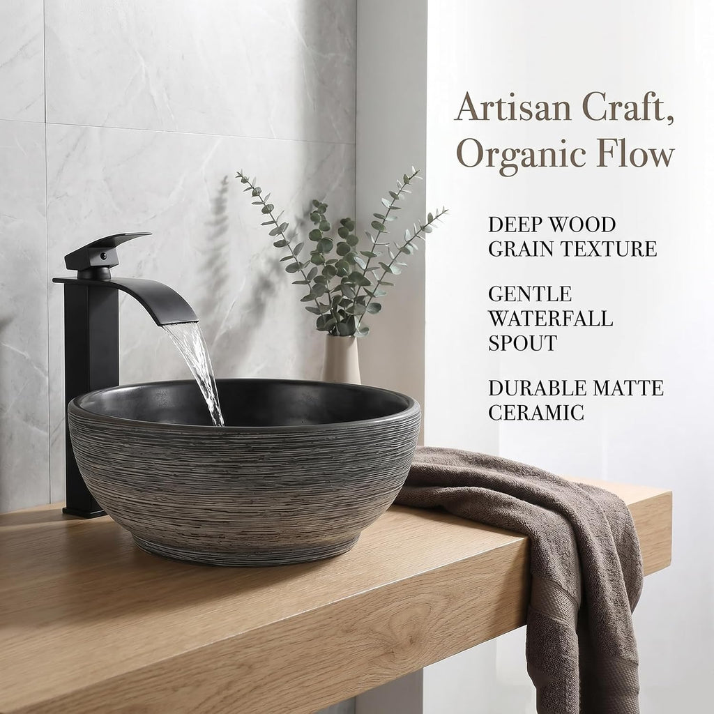14 Inch Black Round Bathroom Vessel Sink with Waterfall Faucet and Pop-Up Drain Combo,Ceramic Vessel Sink Above Counter Round Bathroom Sink Bowl,Small Sink for Bathroom