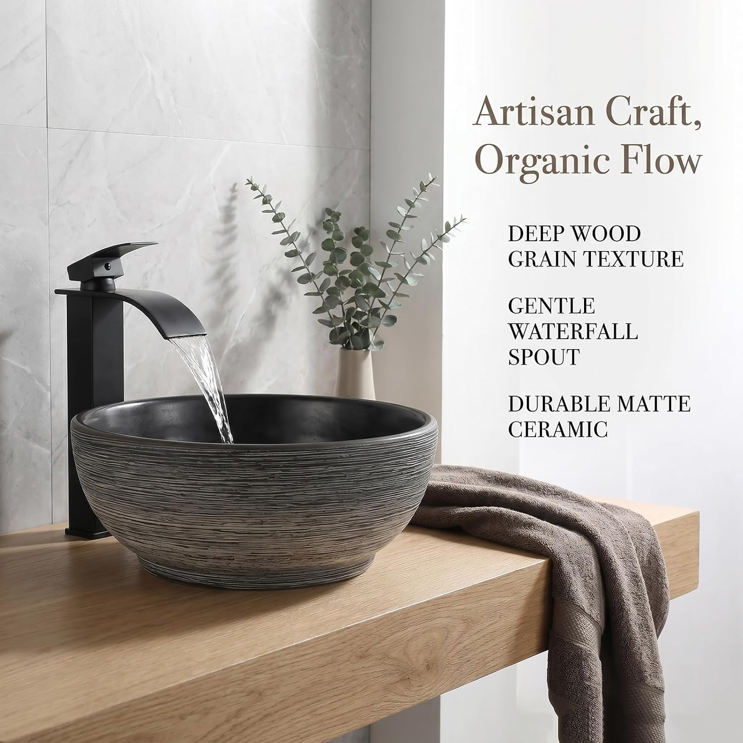 14 Inch Black Round Bathroom Vessel Sink with Waterfall Faucet and Pop-Up Drain Combo,Ceramic Vessel Sink Above Counter Round Bathroom Sink Bowl,Small Sink for Bathroom