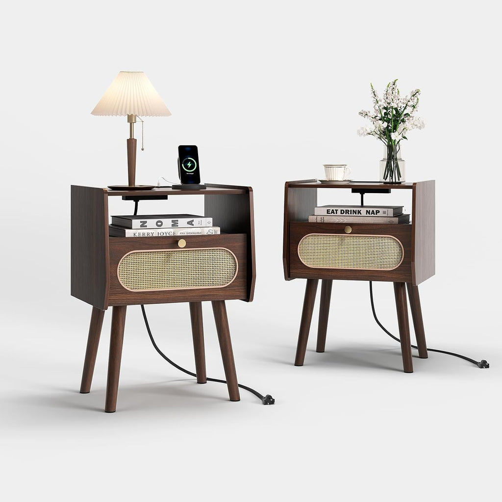 Nightstand Set of 2, Rattan Night Stands with Charging Station, Mid Century Modern Bedside Table with Drawer, Boho Dark Brown End Table with Storage, Wood Side Table for Bedroom, Dark Walnut