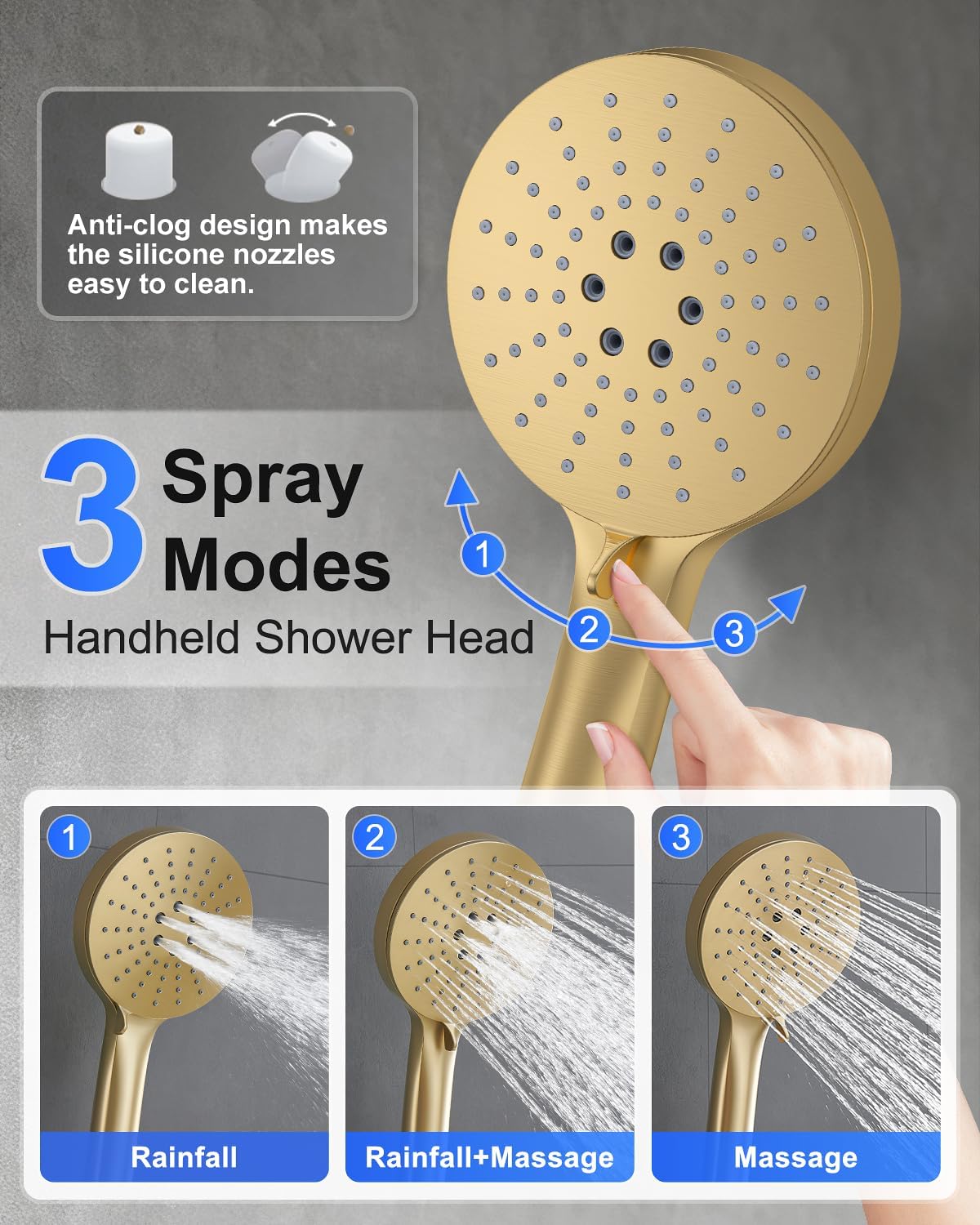 Iriber Shower System with Handheld Spray, Bathroom Round Dual Shower Heads Faucet Set with Push Button Diverter, Brushed Gold Shower Mixer Valve Trim Kit (Valve Included)