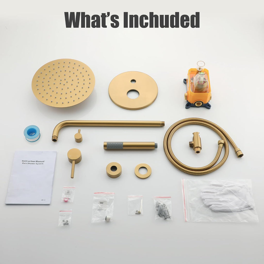 MONDAWE Round Shower Faucet Set, Wall Mounted Shower System 10 Inch Rainfall Shower Head with Handheld Combo, Brushed Gold High Pressure Rainfall Shower Set -Valve Included