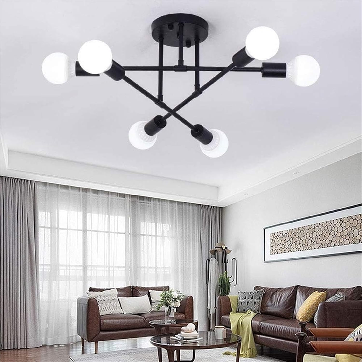 Vintage Industrial 6-Light Semi-Flush Ceiling Light, Black Wrought Iron Chandelier Close to Ceiling Lights Fixture for Dining Room, Kitchen, Living Room, Hallway, Entryway