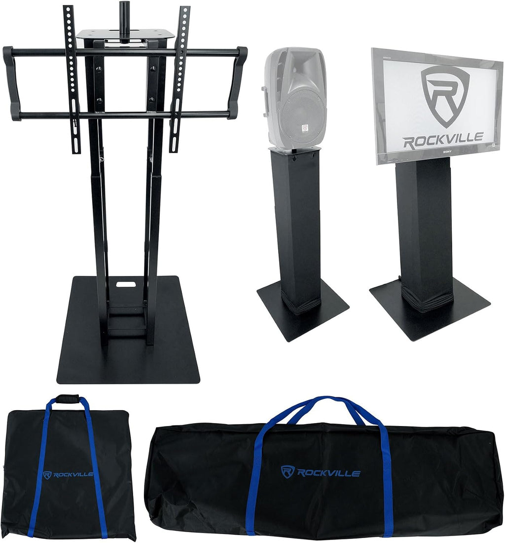 Rockville RTP33-TV Black Totem DJ Speaker/Lighting Stand, Detachable TV Mount, Adjustable Height, Stable Base, for DJs and Event Professionals