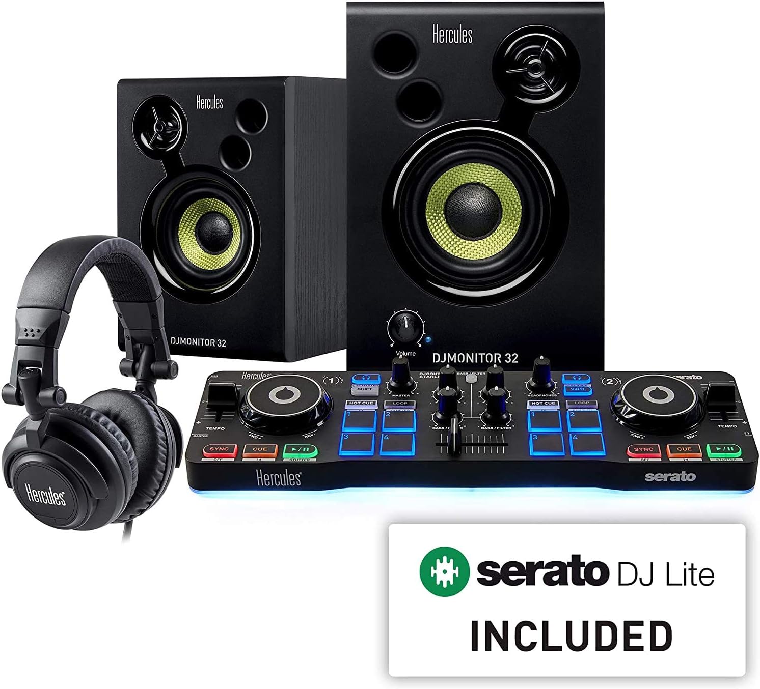 Hercules DJ Starter Kit with DJ Control Starlight, DJMonitor 32, HDP DJ M40.1 Headphones, & Serato DJ Lite + On-Stage Computer Laptop Audio Mixer, Lighting Controller, Midi Controller Stand