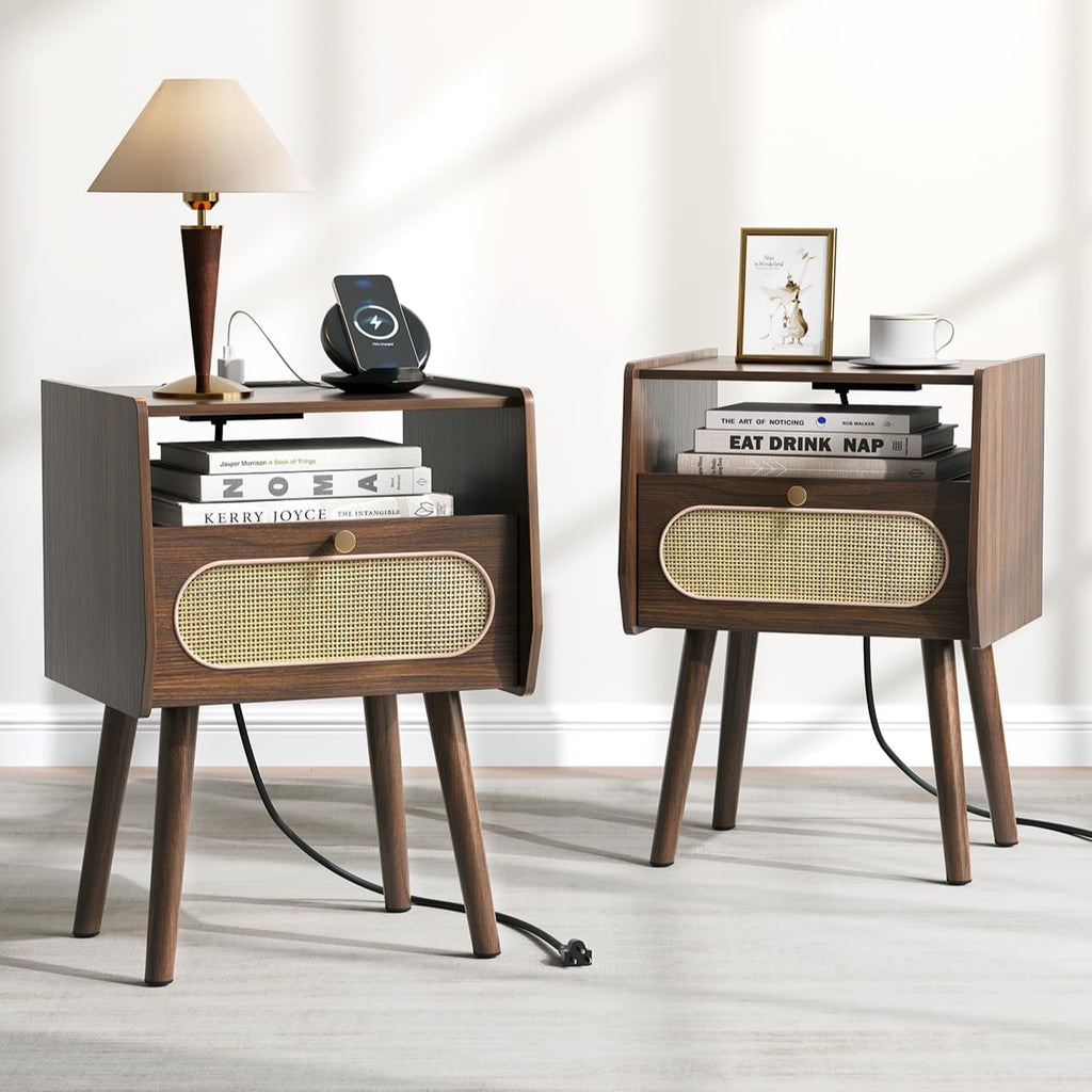 Nightstand Set of 2, Rattan Night Stands with Charging Station, Mid Century Modern Bedside Table with Drawer, Boho Dark Brown End Table with Storage, Wood Side Table for Bedroom, Dark Walnut
