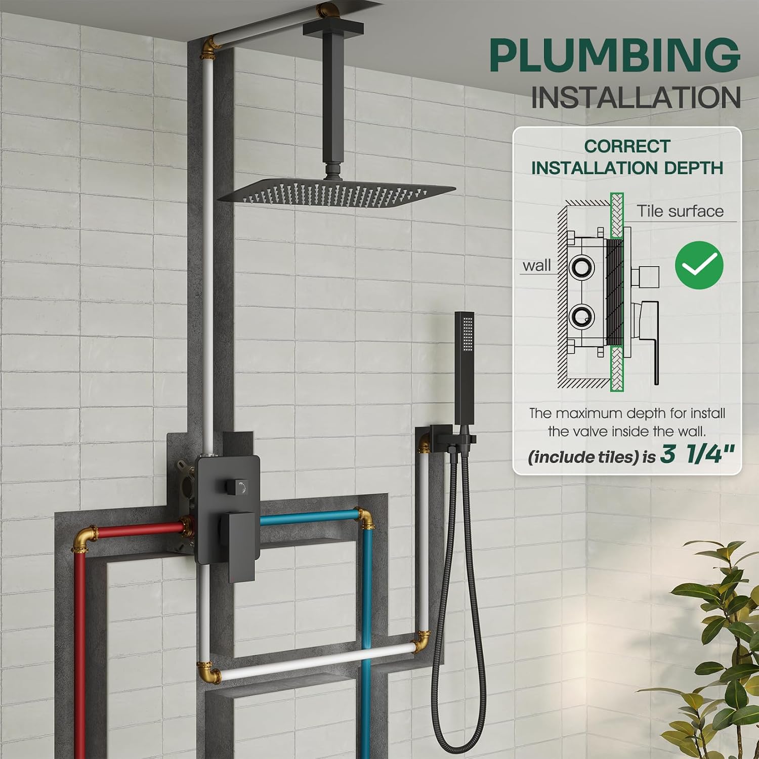 Ceiling Mount Shower System, Black Shower Faucet Set with 12-Inch Rain Showerhead and Handheld Spray Combo, High-Pressure Showerheads Set with Valve and Trim Kit, Matte Black