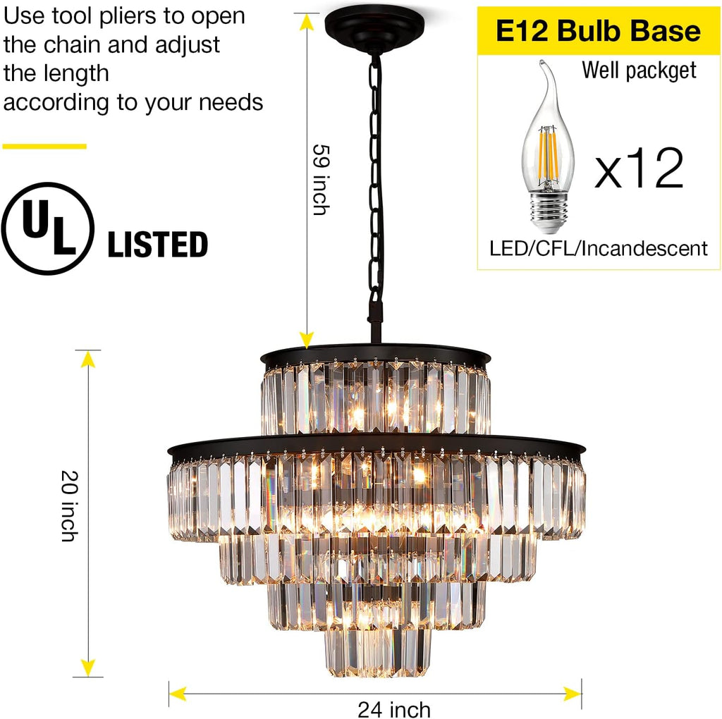 Black Modern Style Crystal Chandeliers & LightsRound Hanging Classic, Pendant Ceiling Chandelier Lighting Fixture 5-Tier for Dining Room Living Room(24 inch,Black)