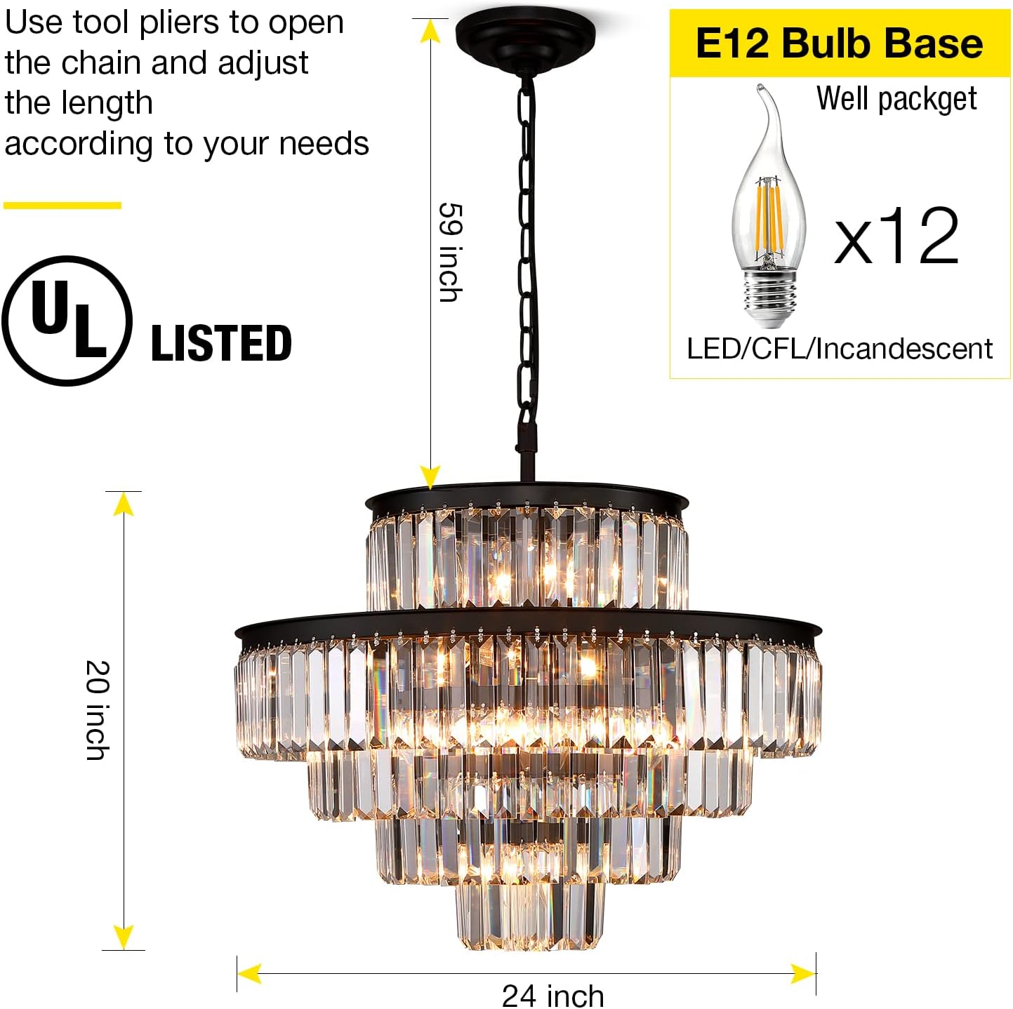 Black Modern Style Crystal Chandeliers & LightsRound Hanging Classic, Pendant Ceiling Chandelier Lighting Fixture 5-Tier for Dining Room Living Room(24 inch,Black)
