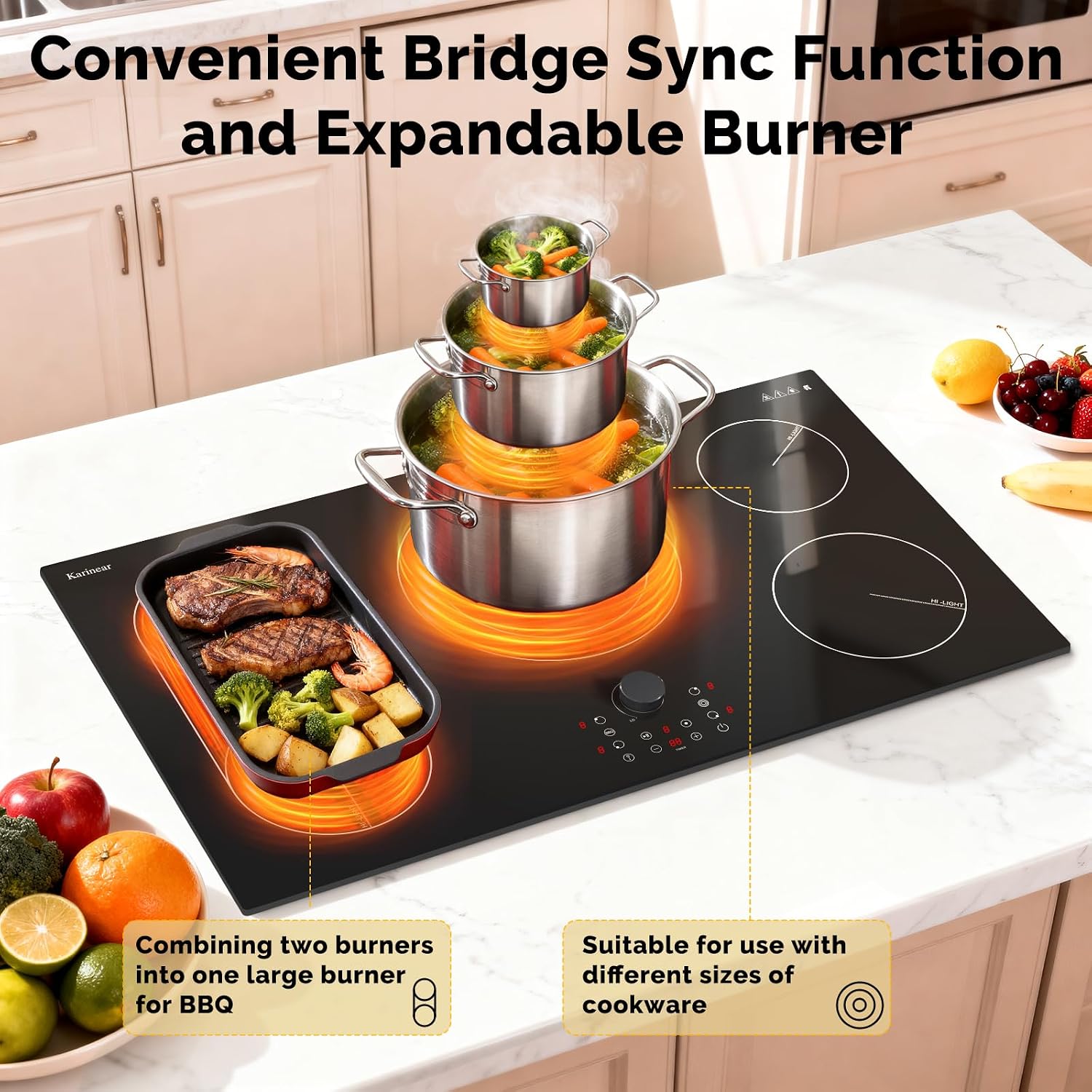 Karinear 36 Inch Electric Cooktop with Magnetic Knob, Bridge BBQ, 5 Burner Radiant Stove Top, 9600W 240V Built-in Hob, 9 Heat Levels, 99-Min Timer, Child Lock, Pause