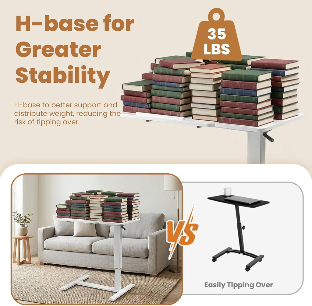 Portable Overbed Rolling Desk, Height Adjustable Mobile Standing Table, Foldable 31 Inch Small Laptop Bedside Desk with Tiltable Desktop, Hidden Wheels, Tray Table for Bed Sofa Side, White