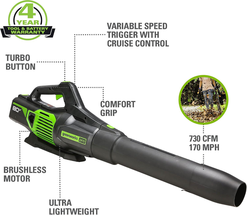 Greenworks 80V (730 CFM / 170 MPH) Cordless Brushless Axial Leaf Blower, Everyday Yard Cleanup for Driveways & Patios, Lightweight, Battery and Charger not included