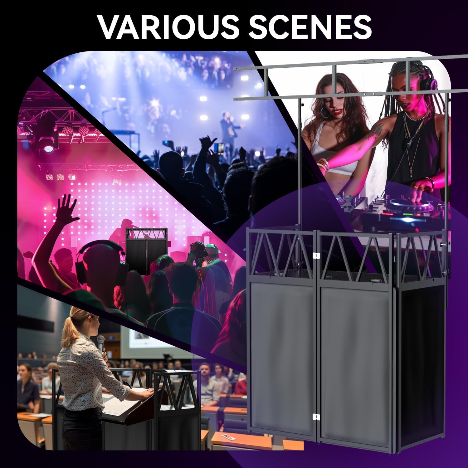 Portable DJ Booth,Foldable DJ Table Stand with Light Stand White & Black Scrim,Adjustable DJ Facade Booth Station Triangle Plate Metal Frame DJ Table with Cable Hole for Private Events, Clubs, Bars