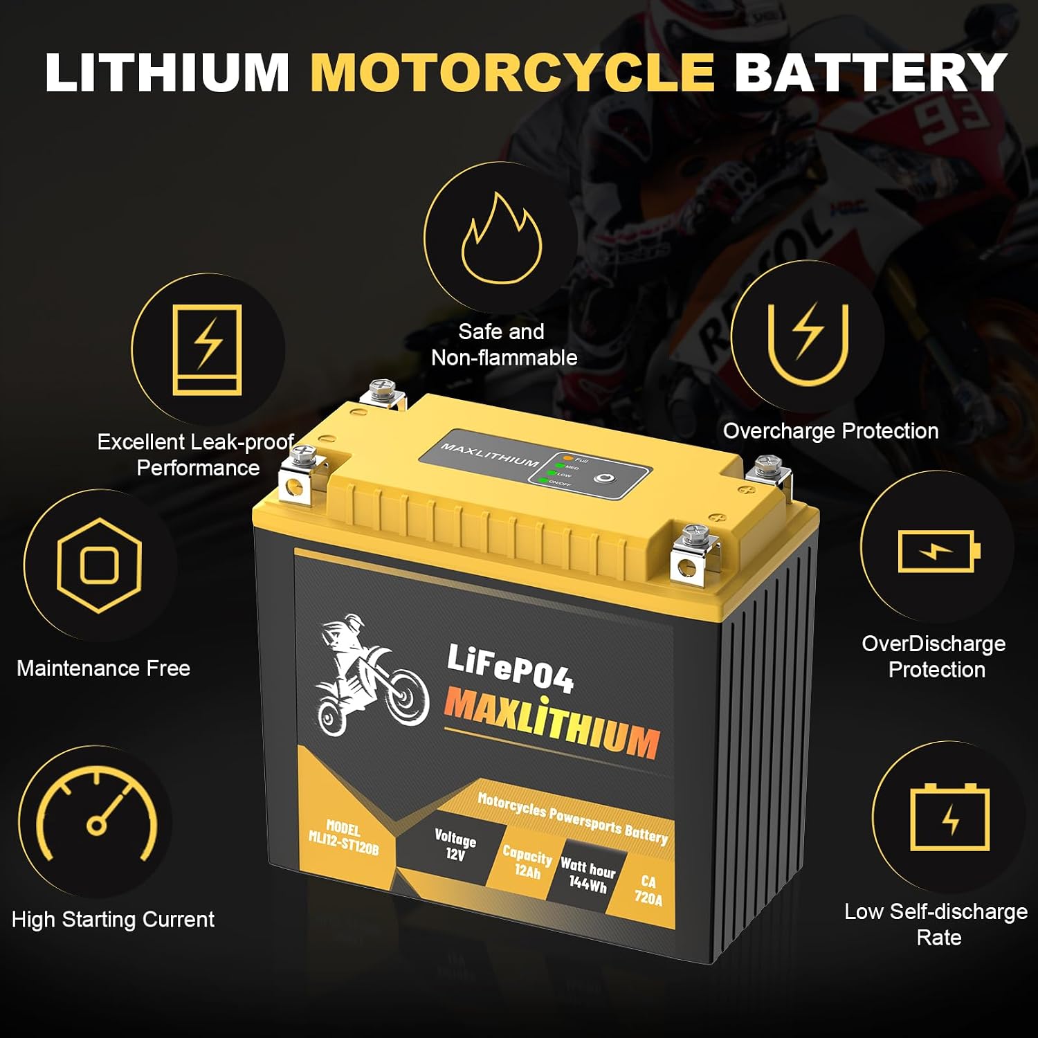 YTX20L-BS/YTX20-BS 12V 12Ah 720A Lithium Powersports Battery with Smart BMS, YTX20H-BS/YTX20HL-BS, Compatible ATV, UTV, Moped, Snowmobile, 4 Wheeler, Lawn Mower, and Generator Battery, motorboat