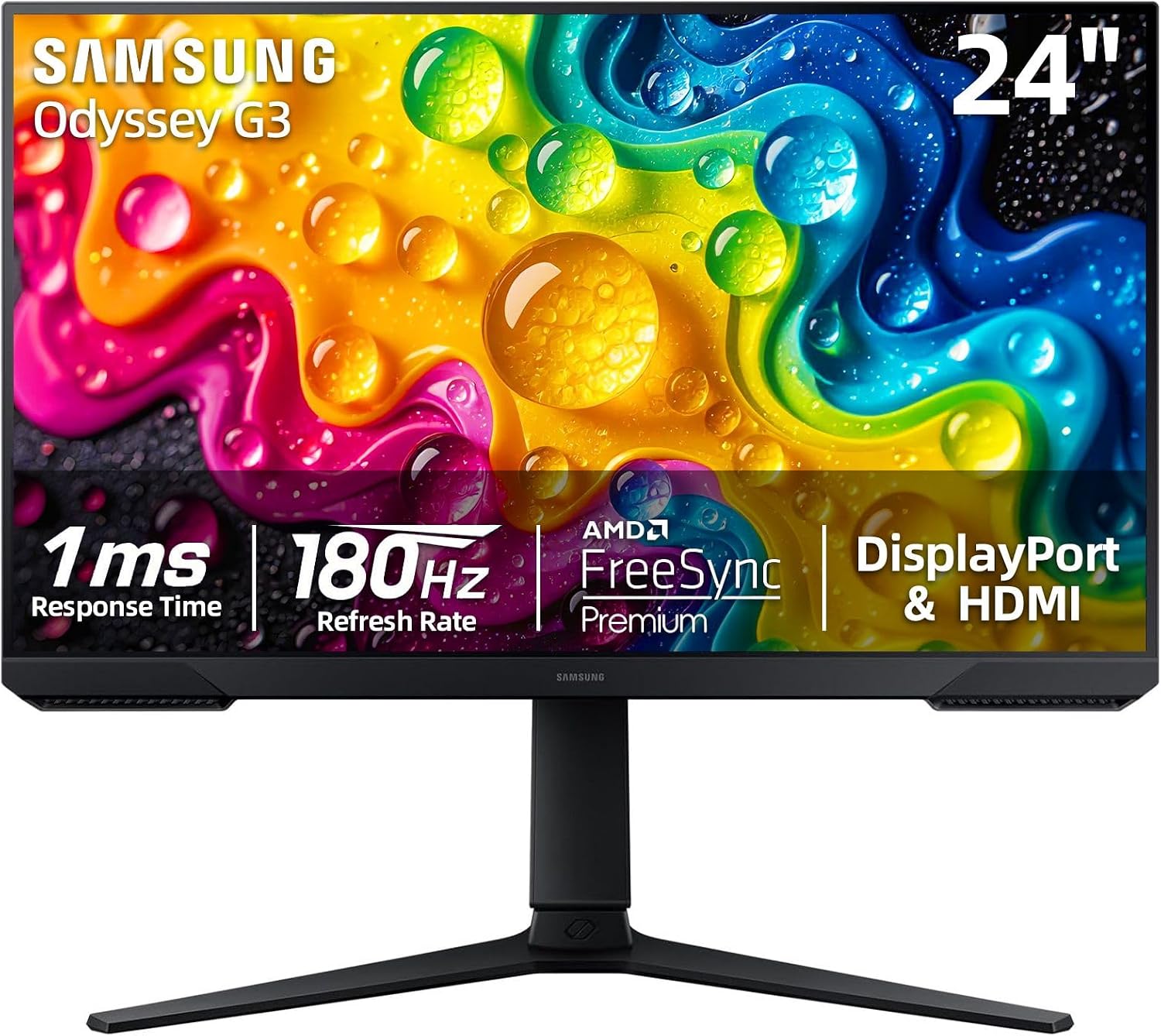 Samsung Odyssey G24 inch FHD Gaming Monitor, 180Hz, 1ms, AMD FreeSync, Black Equalizer, Virtual Aim Point, Eye Care, Flicker-Free, Game Mode, HDMI & DisplayPort, Tilt/Height/Swivel Adjustment, Black