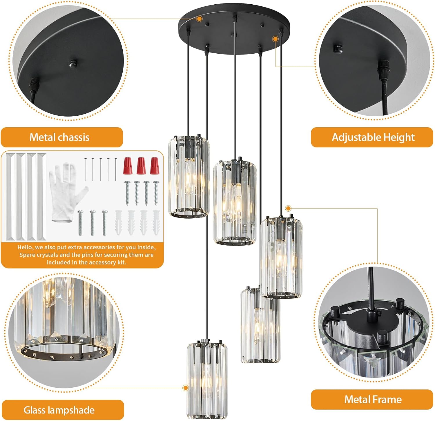 Black Pendant Lighting Modern Pendant Light, Mini Crystal Chandeliers,Adjustable Pendant Light Fixture for Kitchen Island Dinning Room Corridor Bedroom(Gold 5-Light)