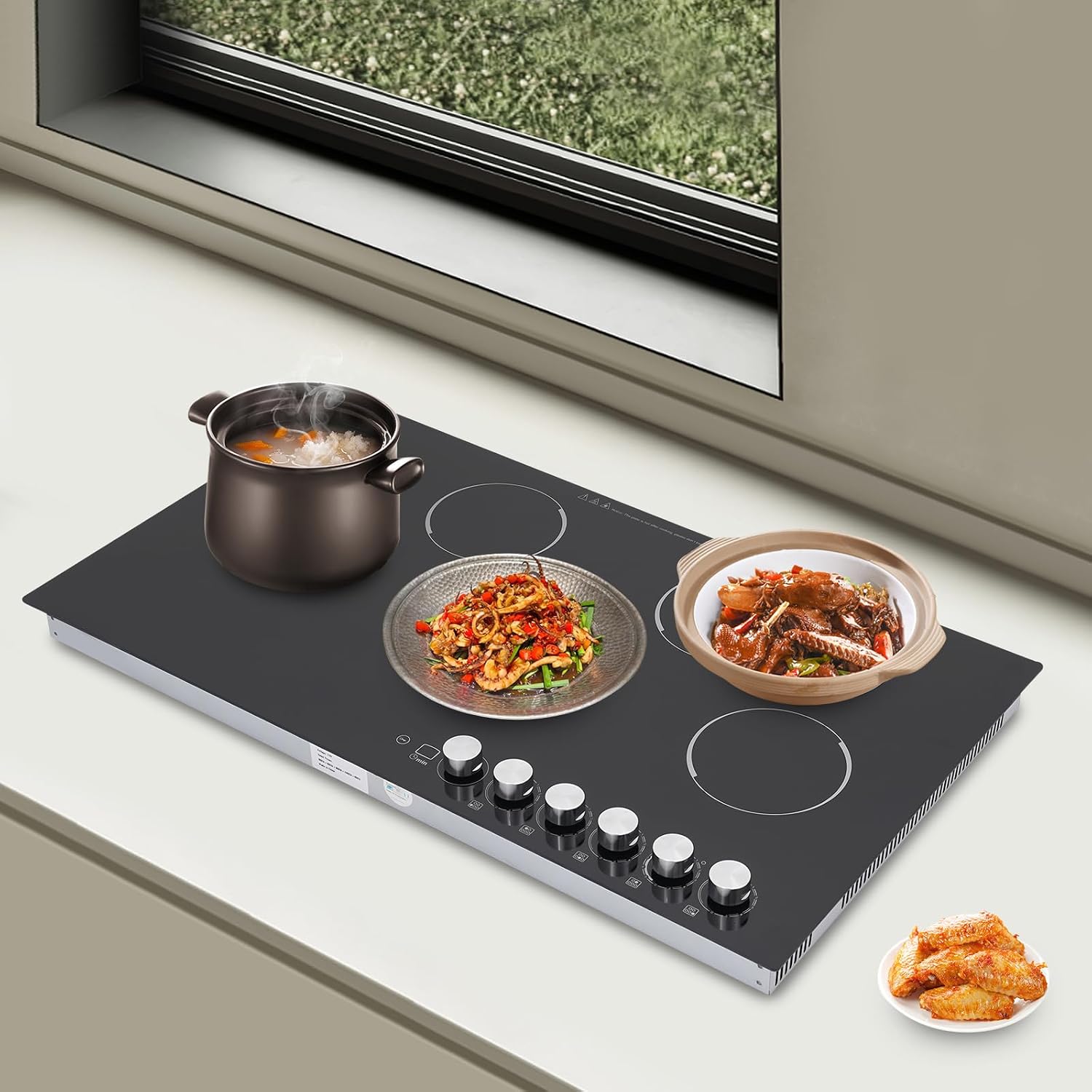 5 Burner Electric Cooktop, 35.5 Inch Touch Control Electric Stove Top with 5 Heating Level & Overheat Protection, Child Lock, 1 Waterproof Tape, Countertop/Embedded Mount Electrics Stovetop Burner