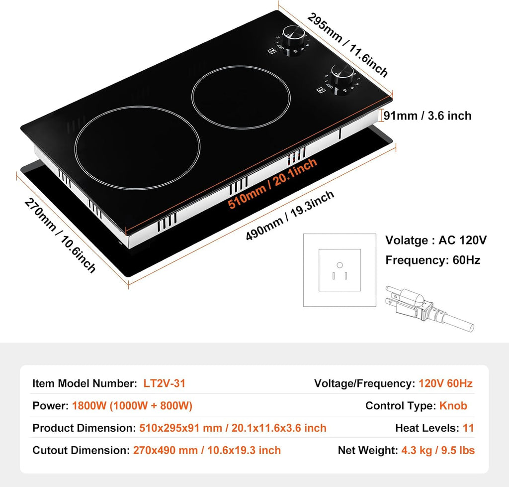 Happybuy 12-inch 2-Burner Electric Cooktop, 1800W Ceramic Radiant Stove, Glass Panel, Knob Control, 11 Heat Levels, 120V, Built-in, for Versatile Cooking