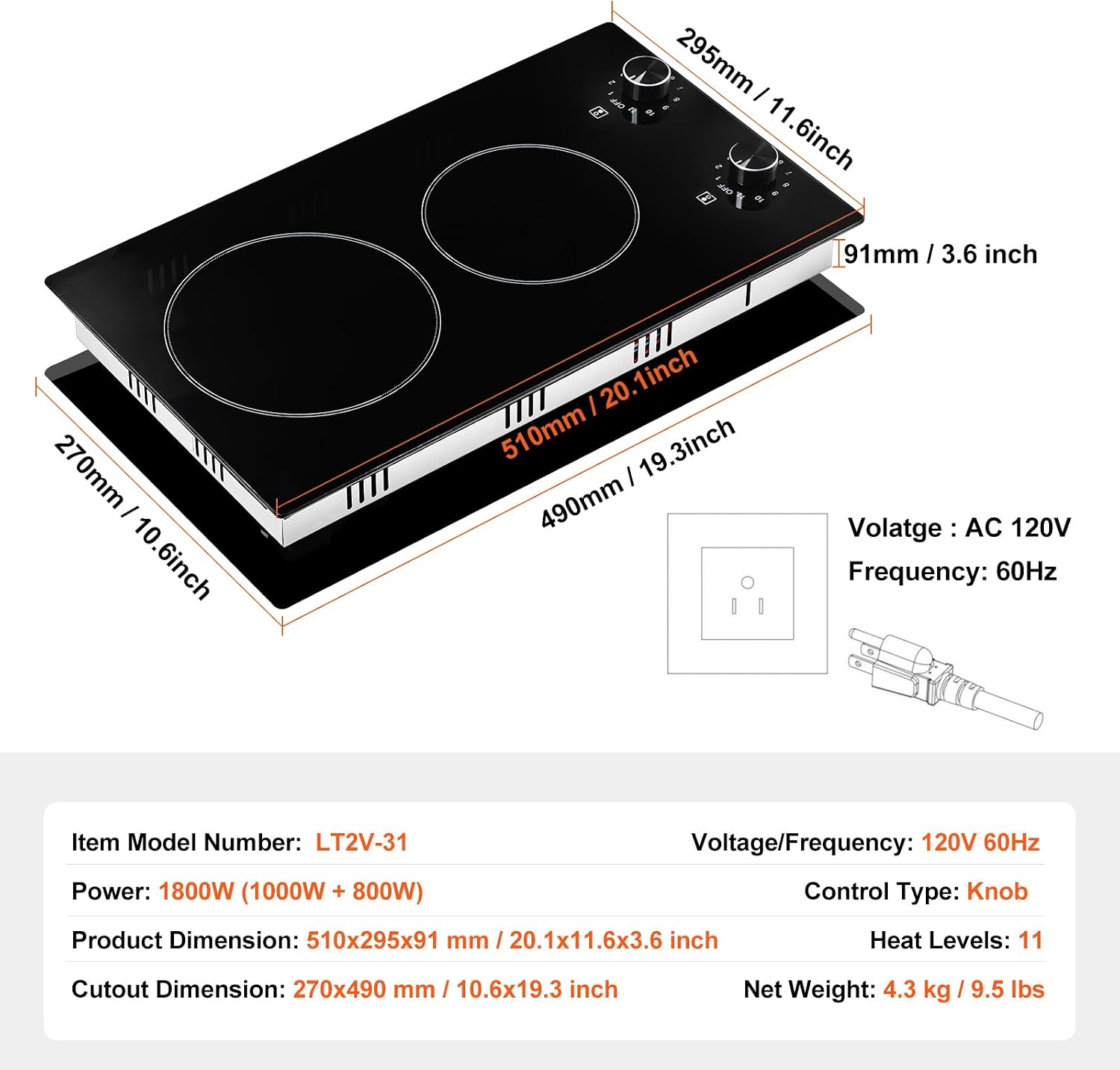 Happybuy 12-inch 2-Burner Electric Cooktop, 1800W Ceramic Radiant Stove, Glass Panel, Knob Control, 11 Heat Levels, 120V, Built-in, for Versatile Cooking