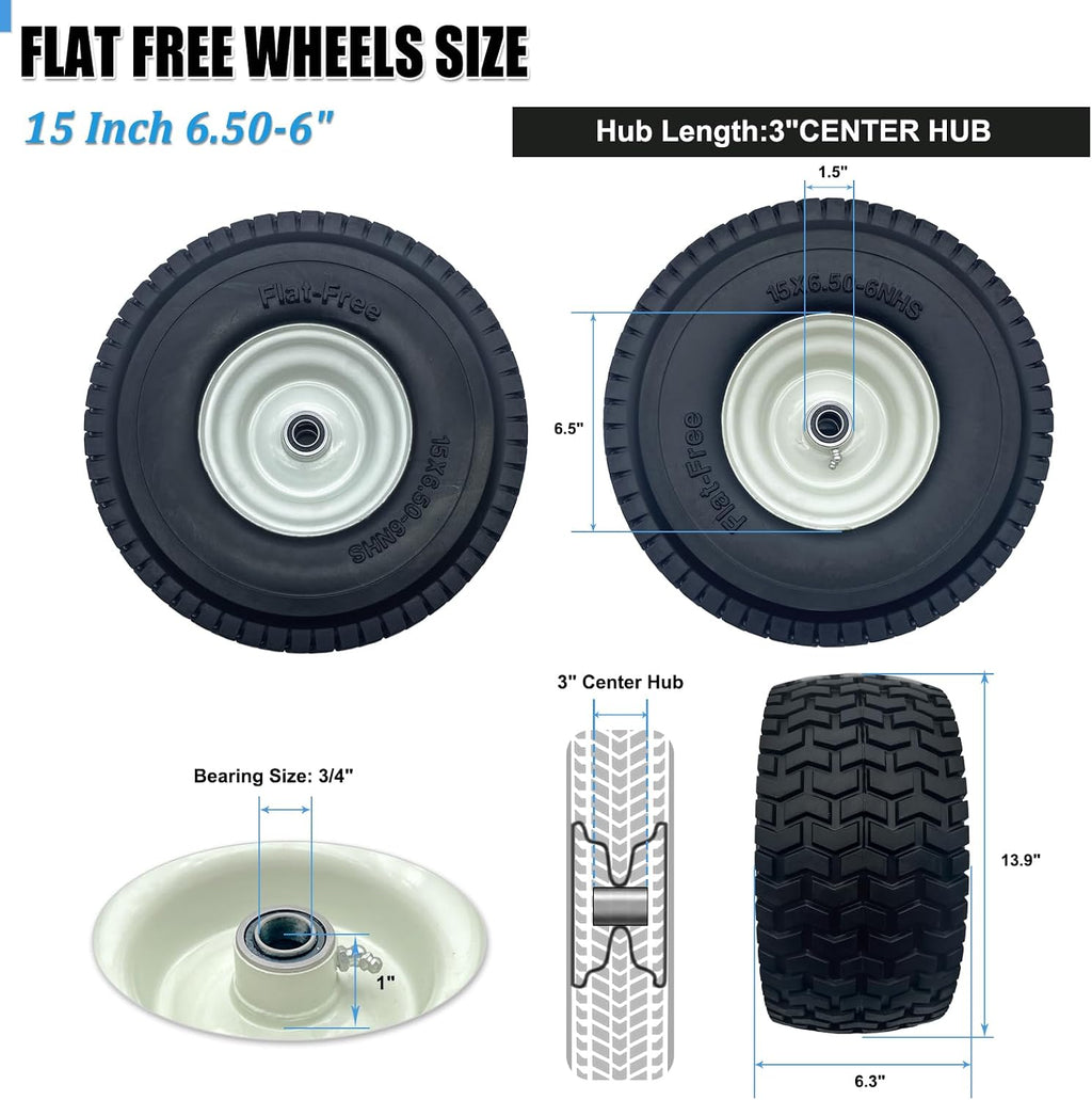 2-Pack 15x6.50-6 Flat-Free Tire with Rim,3'Centered Hub with 3/4' Ball Bearing,w/Grease Fitting，500lbs Capacity,15x6.50x6 No-Flat Solid Rubber Turf Wheel,for Riding Lawn mower,Garden Cart