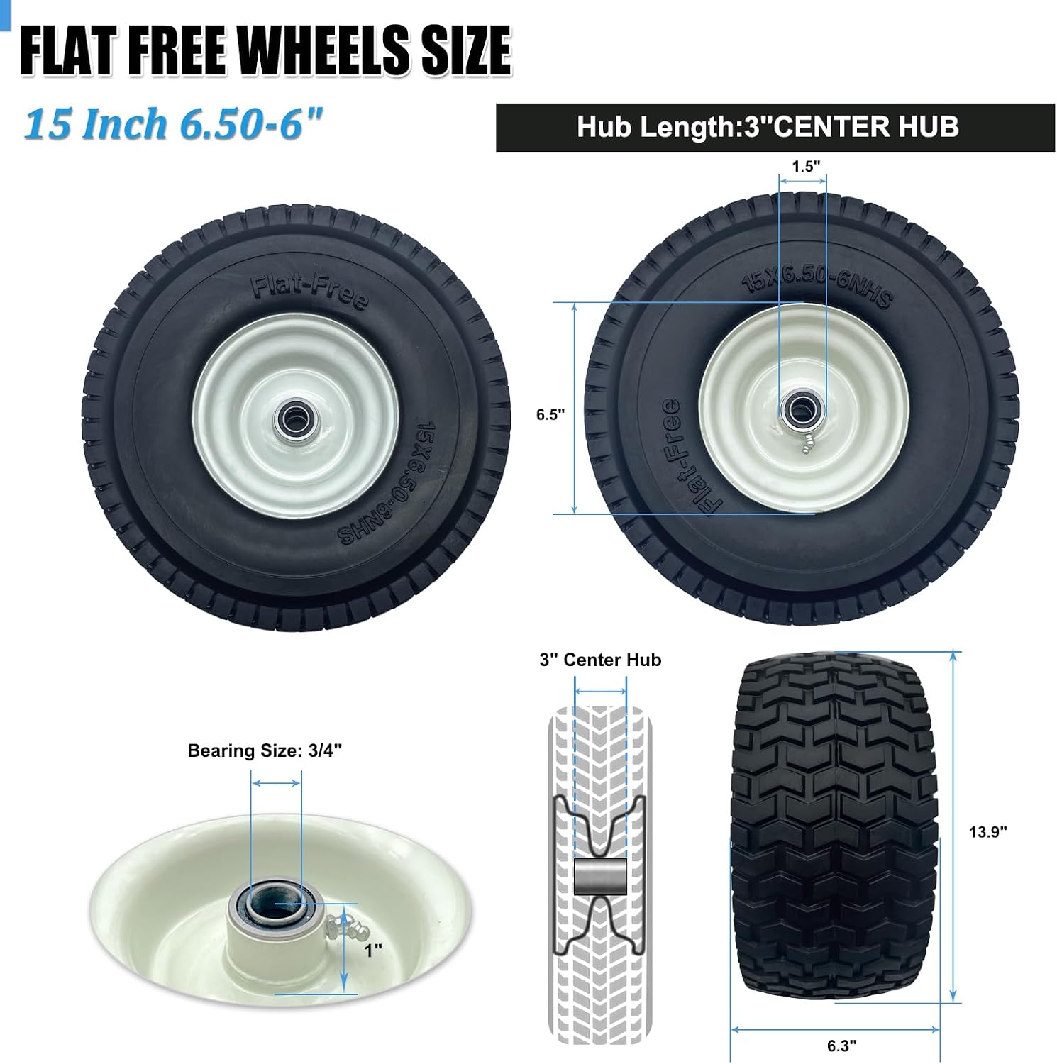 2-Pack 15x6.50-6 Flat-Free Tire with Rim,3'Centered Hub with 3/4' Ball Bearing,w/Grease Fitting，500lbs Capacity,15x6.50x6 No-Flat Solid Rubber Turf Wheel,for Riding Lawn mower,Garden Cart