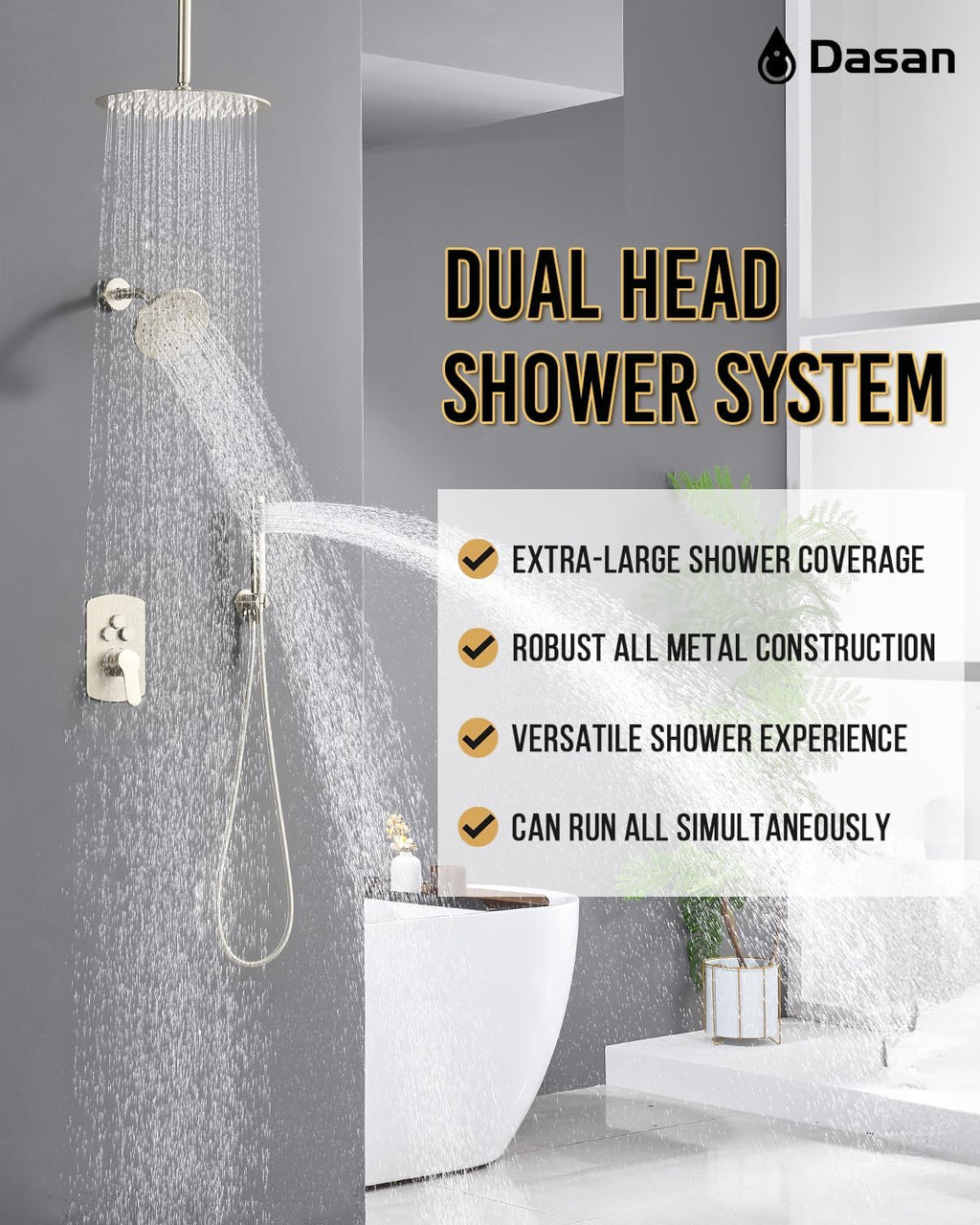Dasan Rainfall Full Body Shower Faucet System with 12'' Round Shower & 6'' Shower Head,Brushed Nickel Dual Shower Head Faucets Set with Handheld & Valve, Double Shower Head System for Couples/2-Person
