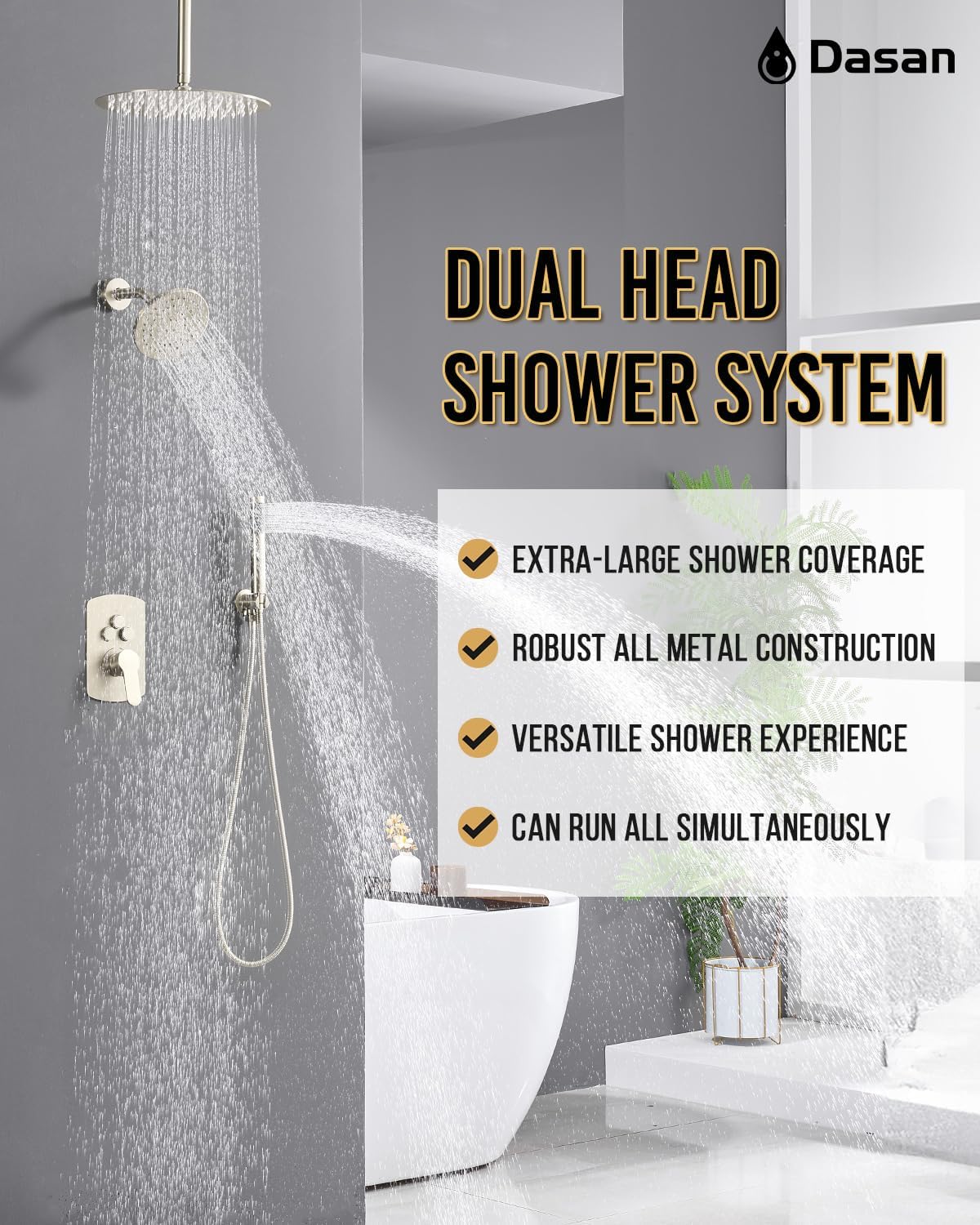 Dasan Rainfall Full Body Shower Faucet System with 12'' Round Shower & 6'' Shower Head,Brushed Nickel Dual Shower Head Faucets Set with Handheld & Valve, Double Shower Head System for Couples/2-Person
