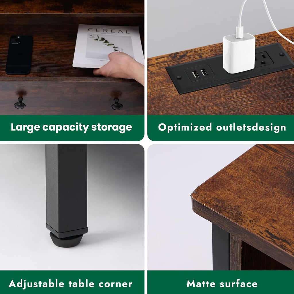 27 Inch Wide Night Stand, Large Wood Night Stand Set 2 with 2 Drawers, LED Nightstand with Charging Station and Adjustable Drawer, Bedside Table for Living Room/Bedroom/Study/Office, Retro.