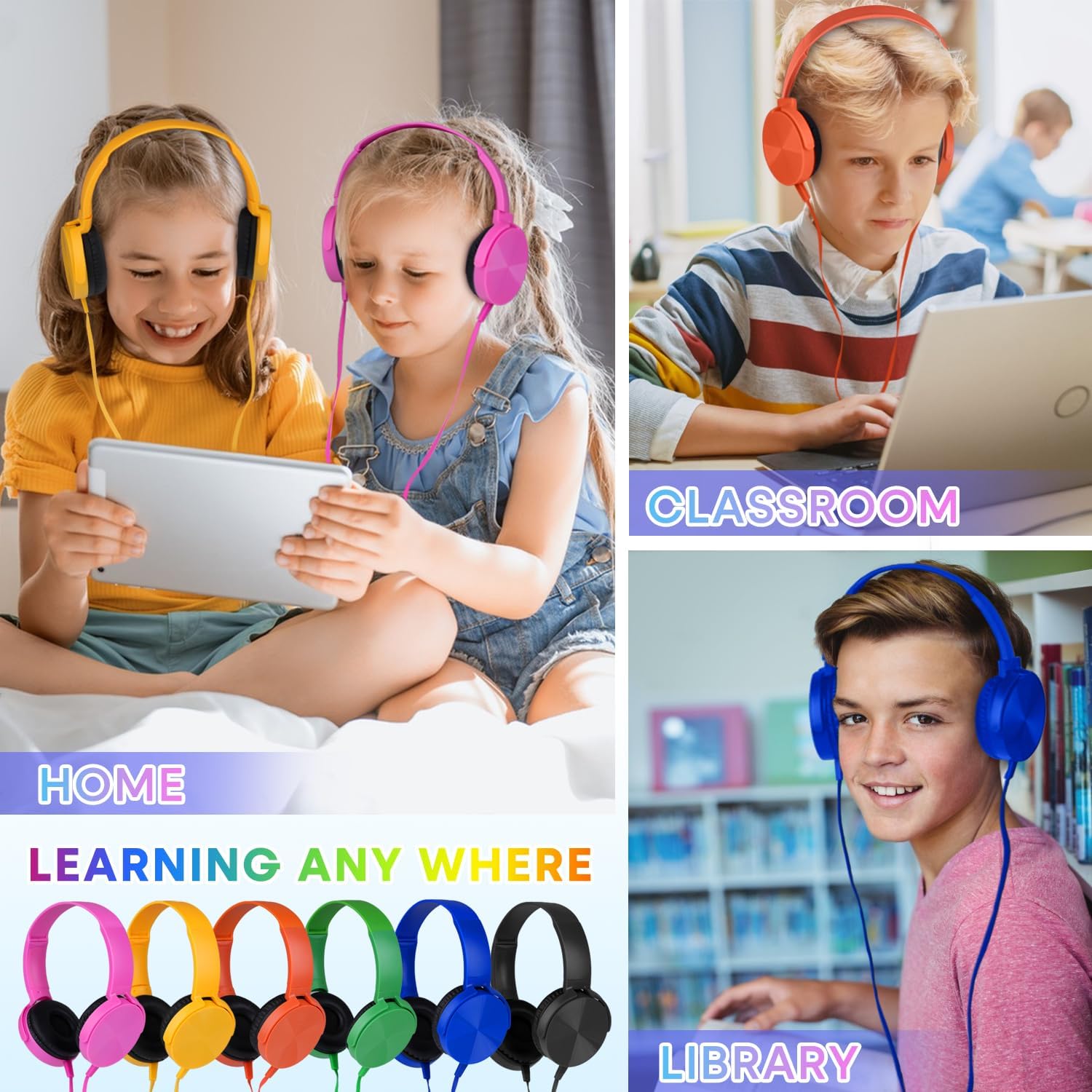 Bulk Headphones for Classroom 24 Pack,Wholesale School Multi Colored Durable Wired Headset for Students,Kids,Children Toddler Teen Boys Girls and Adult(LS450,24 Mixed)