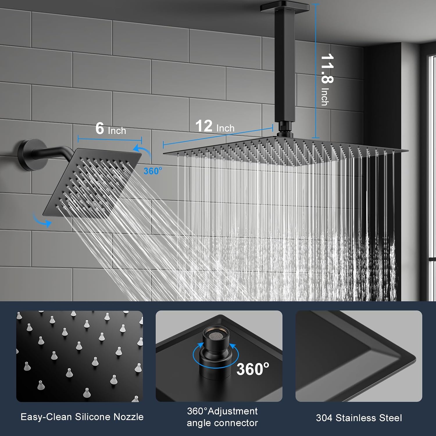 Shower Faucet Set, 3-Setting Push Button Matte Black Shower System, 12 Inch Ceiling Mounted Shower Head, 6 Inch Wall Mounted Rain Shower Head with 2 in 1 Handheld Spray, Shower Valve Trim Kit