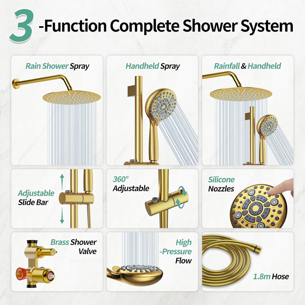 SR SUN RISE 12 Inch Brushed Gold Shower System, Wall-Mount Adjustable 16-Inch Slide Bar with 6-Function Hand Shower Faucet Included Valve and Trim Kit
