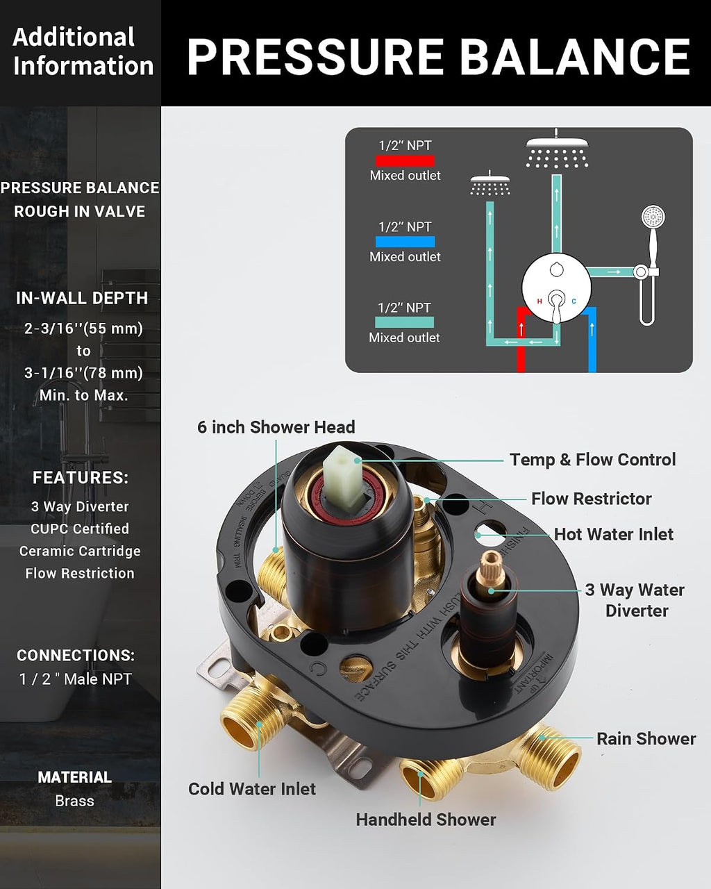 DASAN Antique Dual Shower Head Faucet Set, Oil Rubbed Bronze Dual Rain Shower Head System Complete Double Head Shower Fixture Combo, 9'' & 6'' Dual Rainfall Overhead Shower with Handheld, Valve & Trim