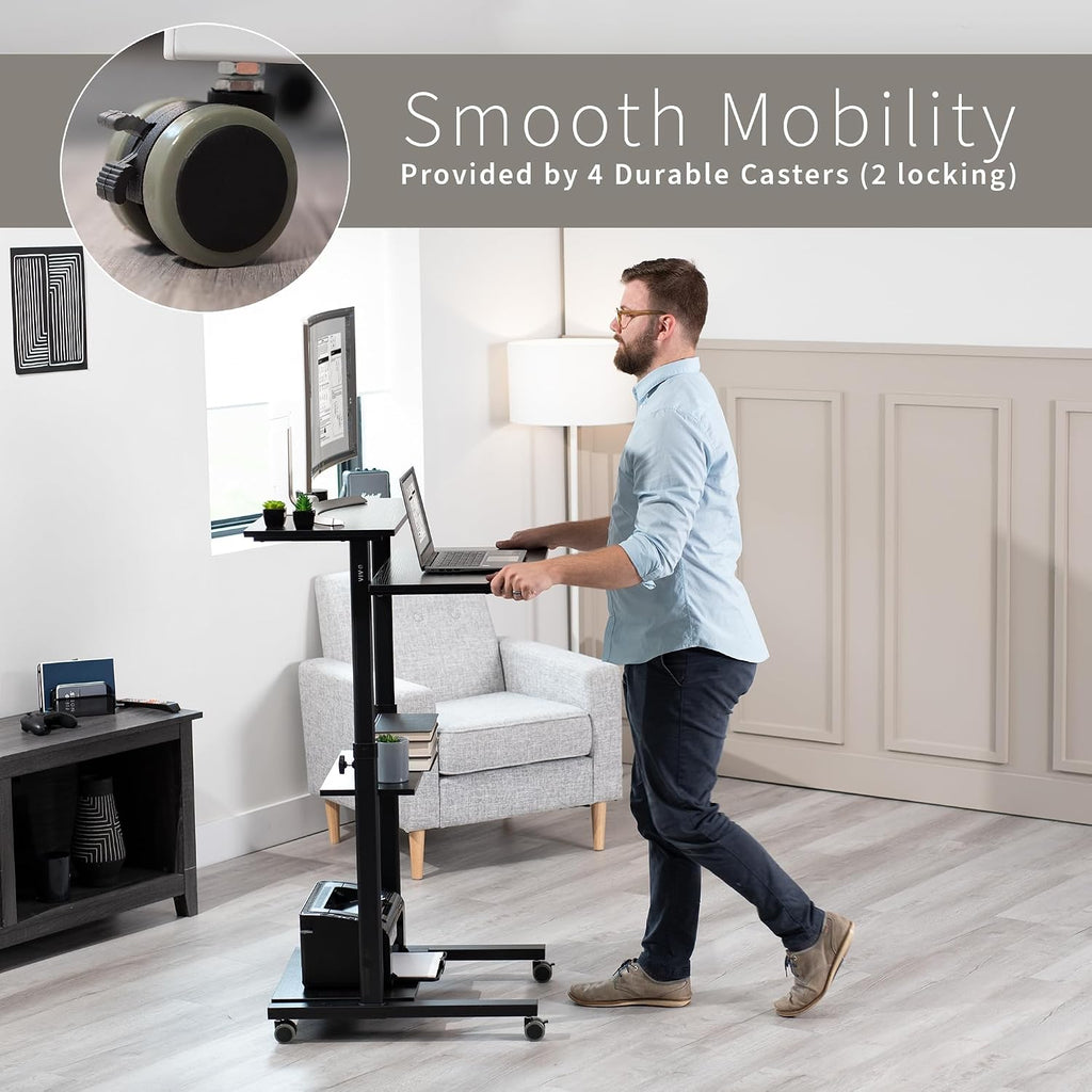 VIVO Mobile 28 inch Standing Desk Workstation, Height Adjustable Rolling Laptop Cart with Storage, Black, CART-V02DB