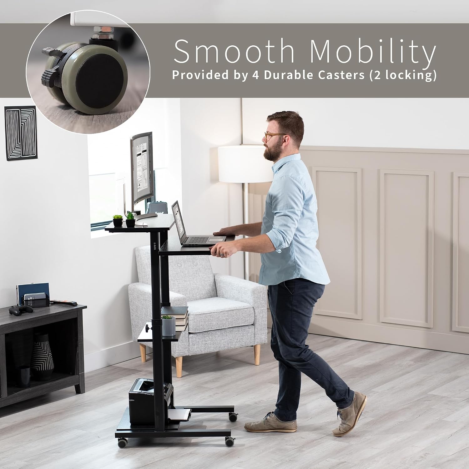 VIVO Mobile 28 inch Standing Desk Workstation, Height Adjustable Rolling Laptop Cart with Storage, Black, CART-V02DB