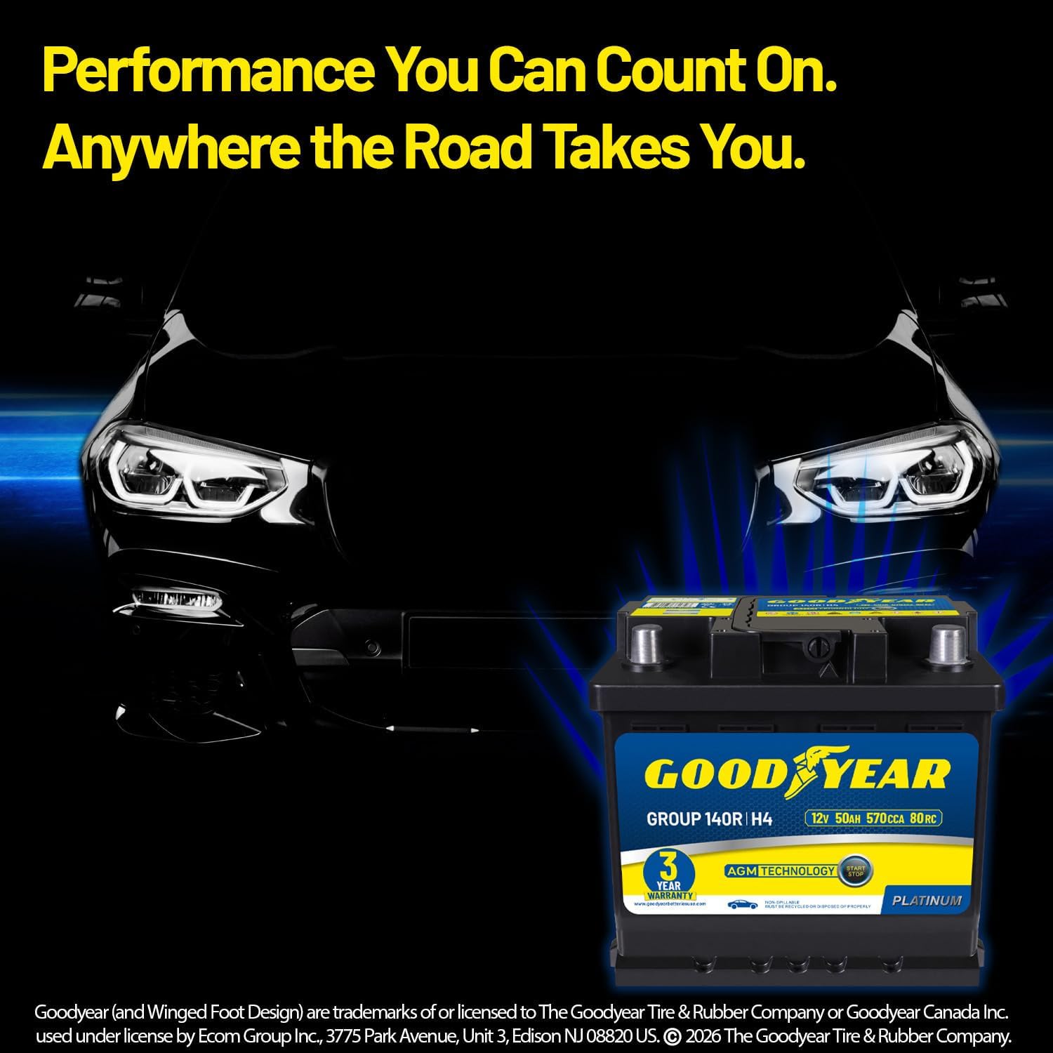 Goodyear 140R-H4-AGM BCI Group Size 140R 12V 50 AH, 80RC, 570 CCA Platinum series Rechargeable AGM Maintenance Free Automotive Battery