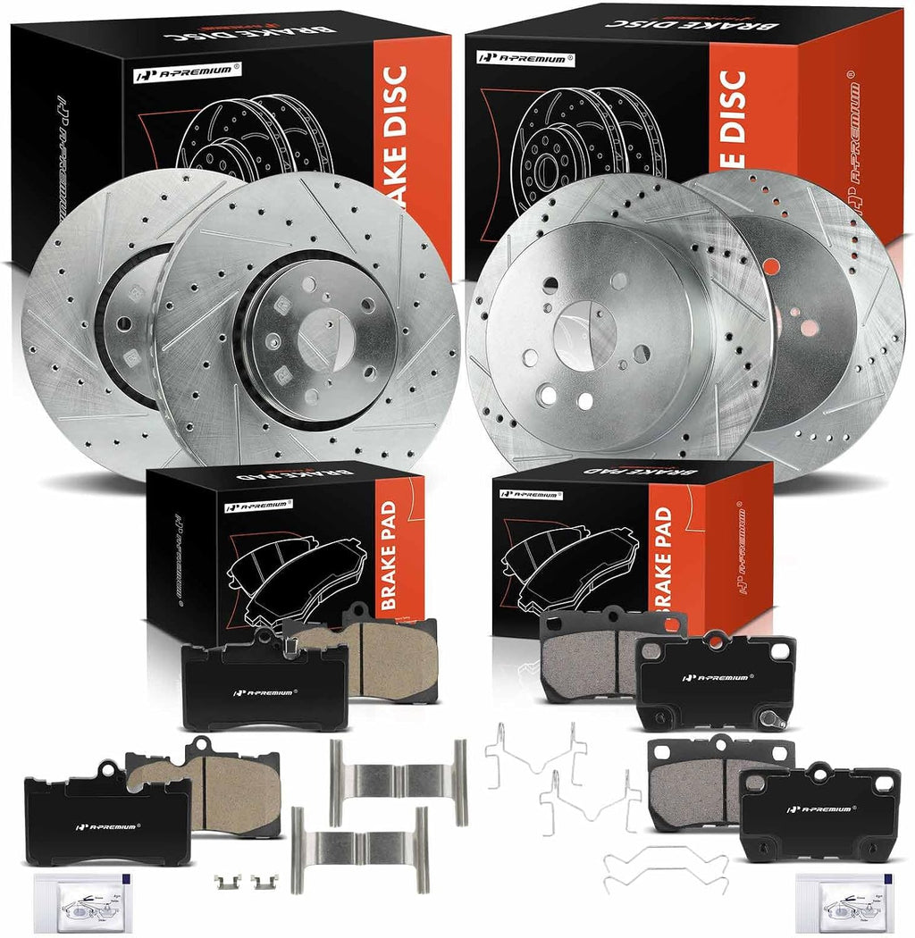 A-Premium Front and Rear Drilled and Slotted Disc Brake Rotors + Ceramic Pads Kit Compatible with Lexus Models - IS350 2006-2009 2010-2013, GS350 2007-2008, GS350 2011, GS430, GS450h, GS460 12-PC Set