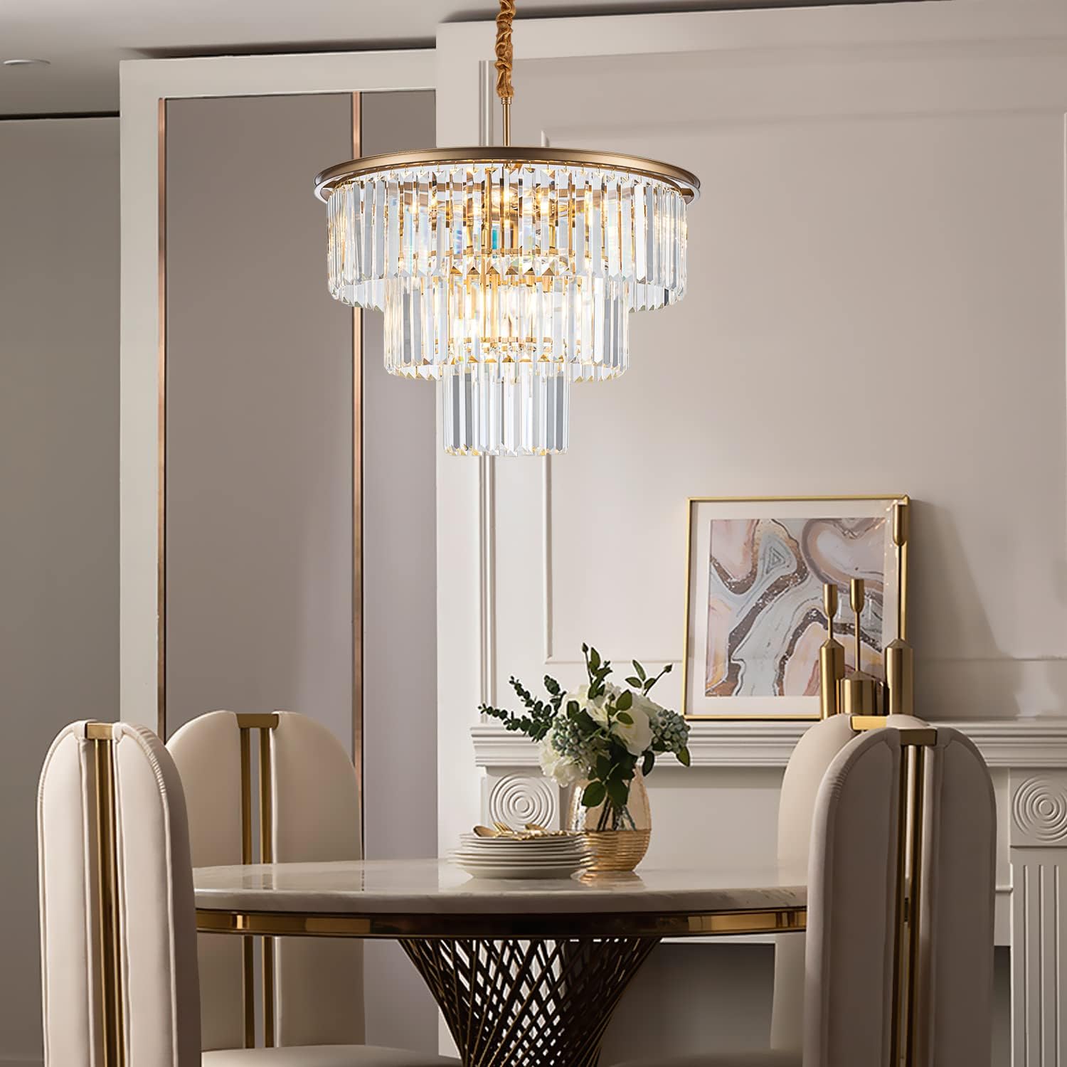 12-Light 23.64' Gold Modern Crystal Chandelier Crystal Pendant Chandeliers Light Fixture 3-Tier Hanging Lighting for Living Dinning Room Bedroom Foyer